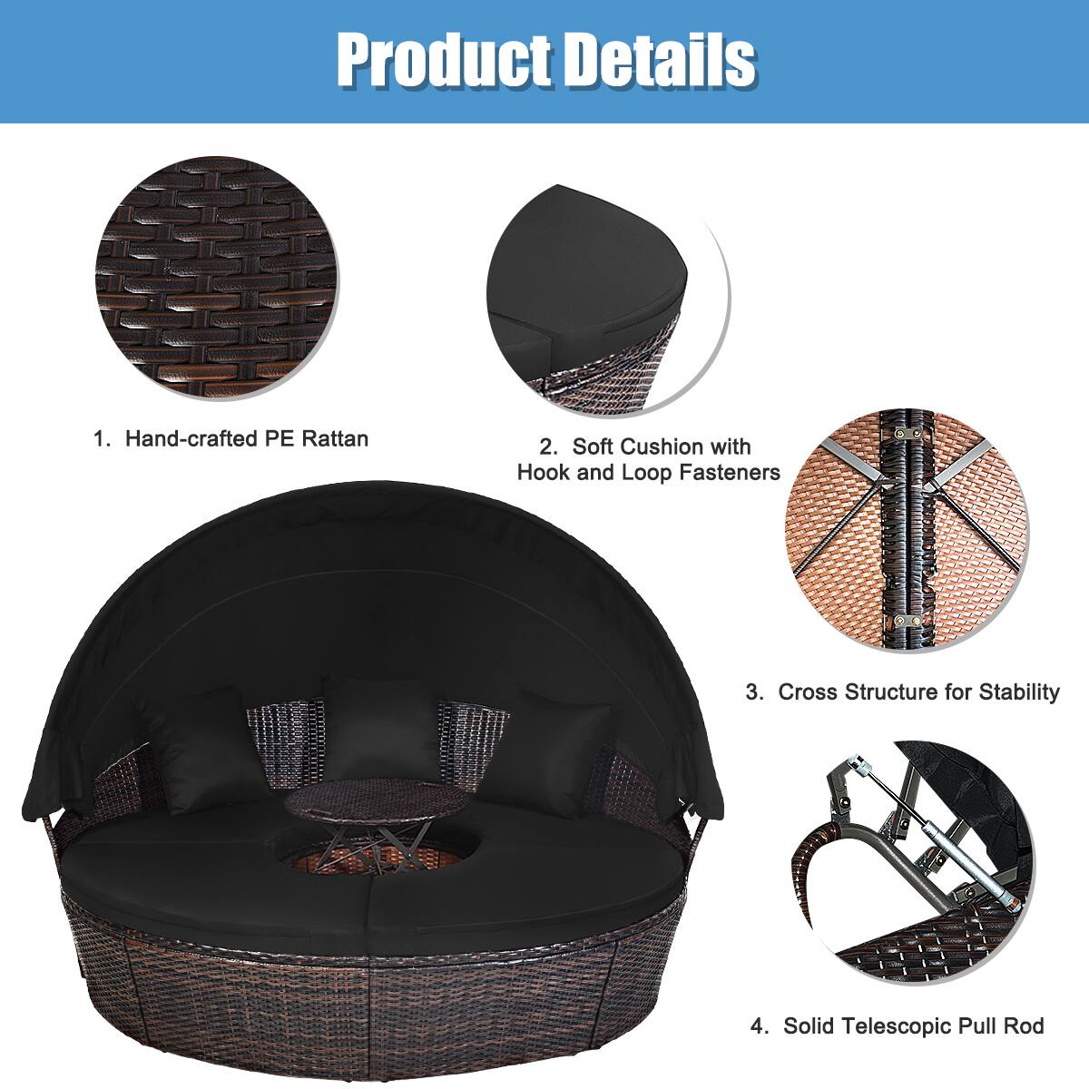 Product Details

1. Hand-crafted PE Rattan
2. Soft Cushion with Hook and Loop Fasteners
3. Cross Structure for Stability
4. Solid Telescopic Pull Rod