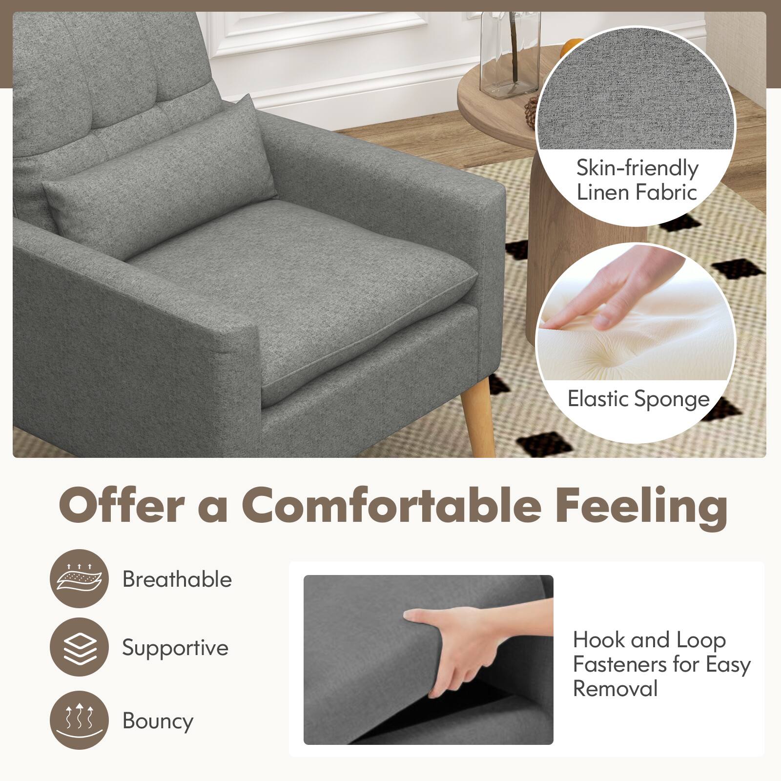 The text on the image is grouped and corrected as follows:

"Offer a Comfortable Feeling: Skin-friendly Linen Fabric, Elastic Sponge, Breathable, Supportive, Bouncy, Hook and Loop Fasteners for Easy Removal."