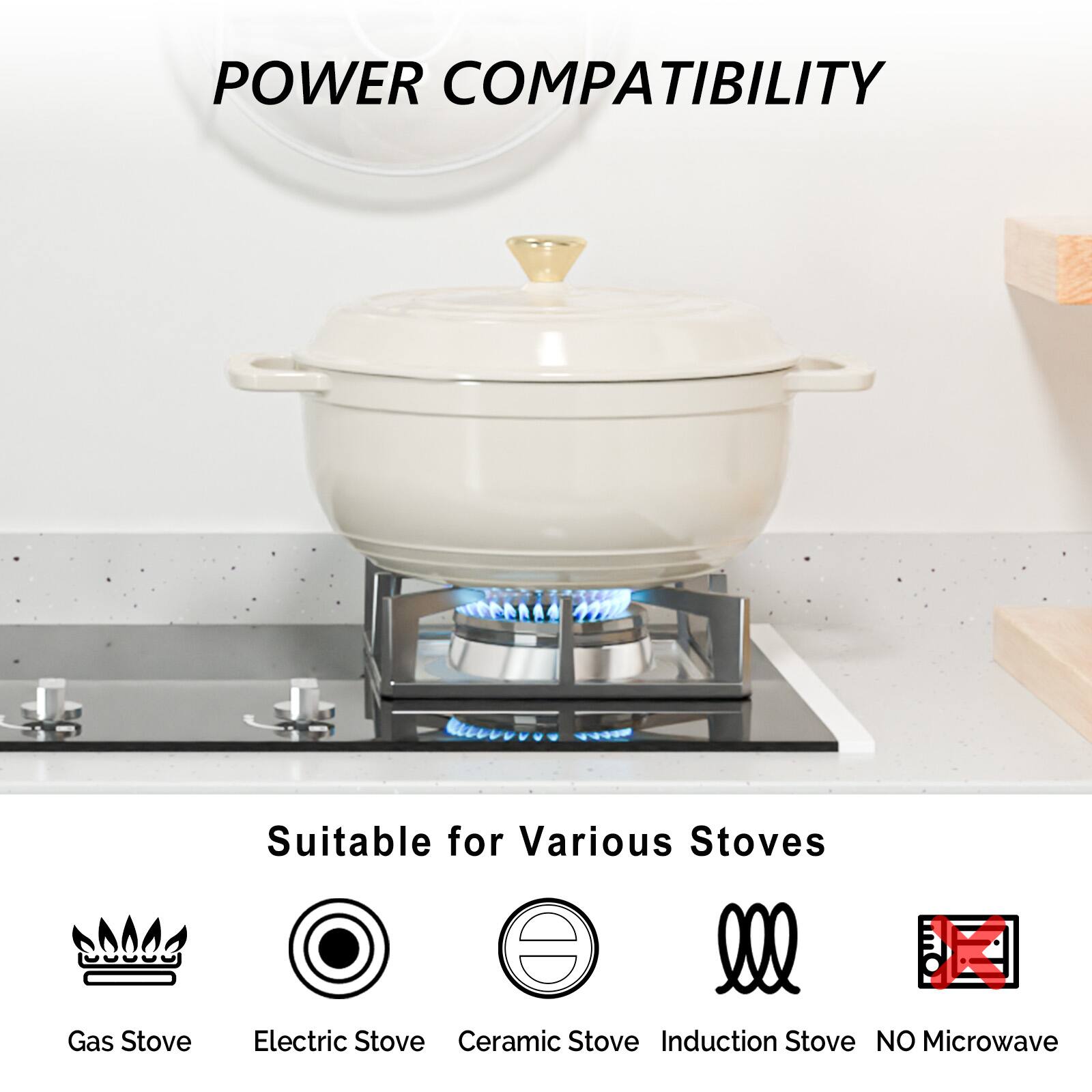 POWER COMPATIBILITY

Suitable for Various Stoves

- Gas Stove
- Electric Stove
- Ceramic Stove
- Induction Stove
- NO Microwave