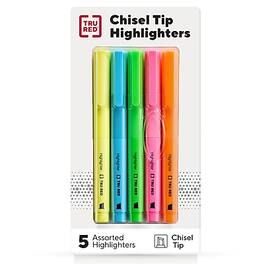 TRU RED - TRU RED™ Pocket Stick Highlighter with Grip, Chisel Tip, Assorted, 5/Pack (TR54584)