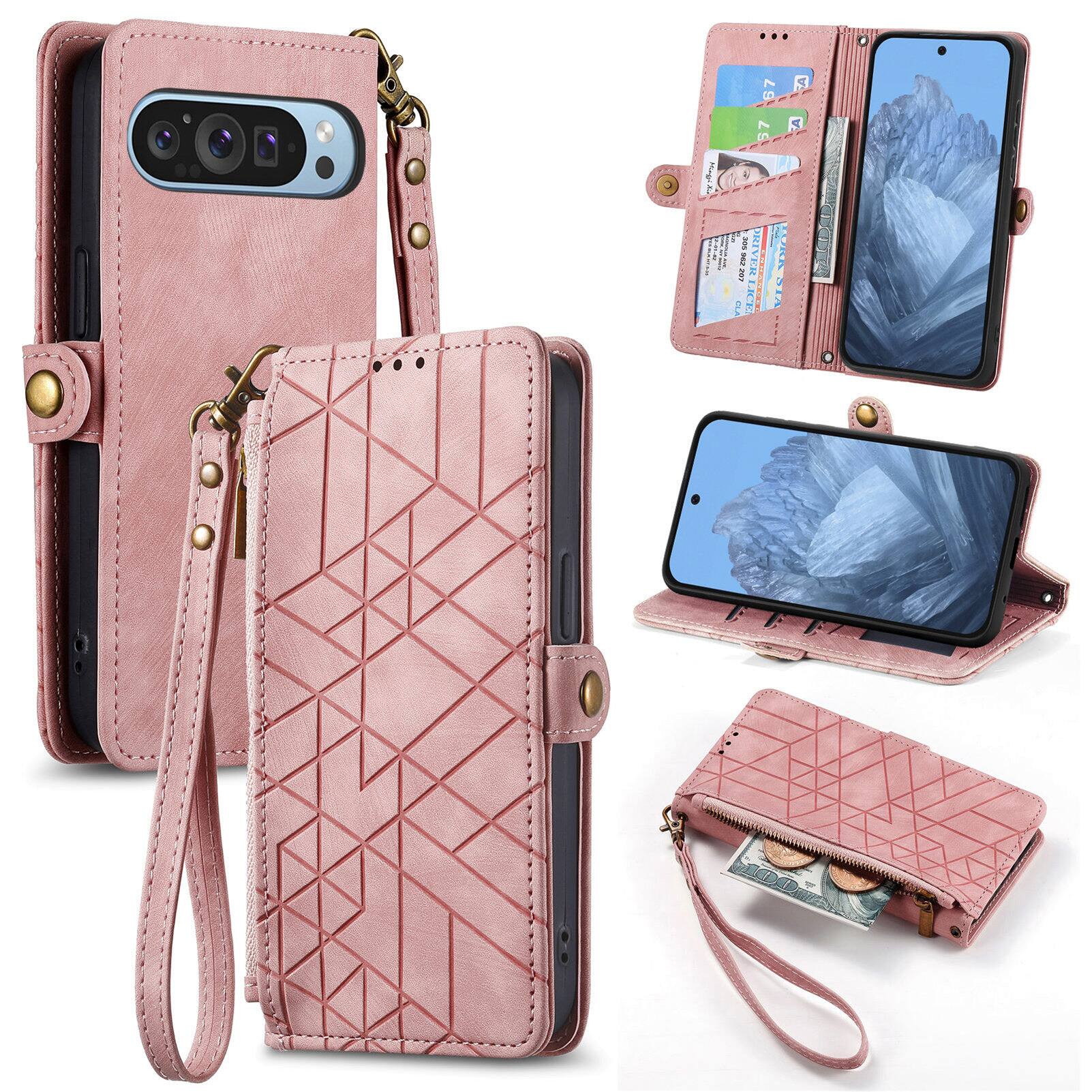 Dteck - For Google Pixel 9A Zipper Wallet PU Leather Handbag Purse Flip Kickstand Card Slots Holder Wrist Strap Cover - Pink price history on PriceWatchPro