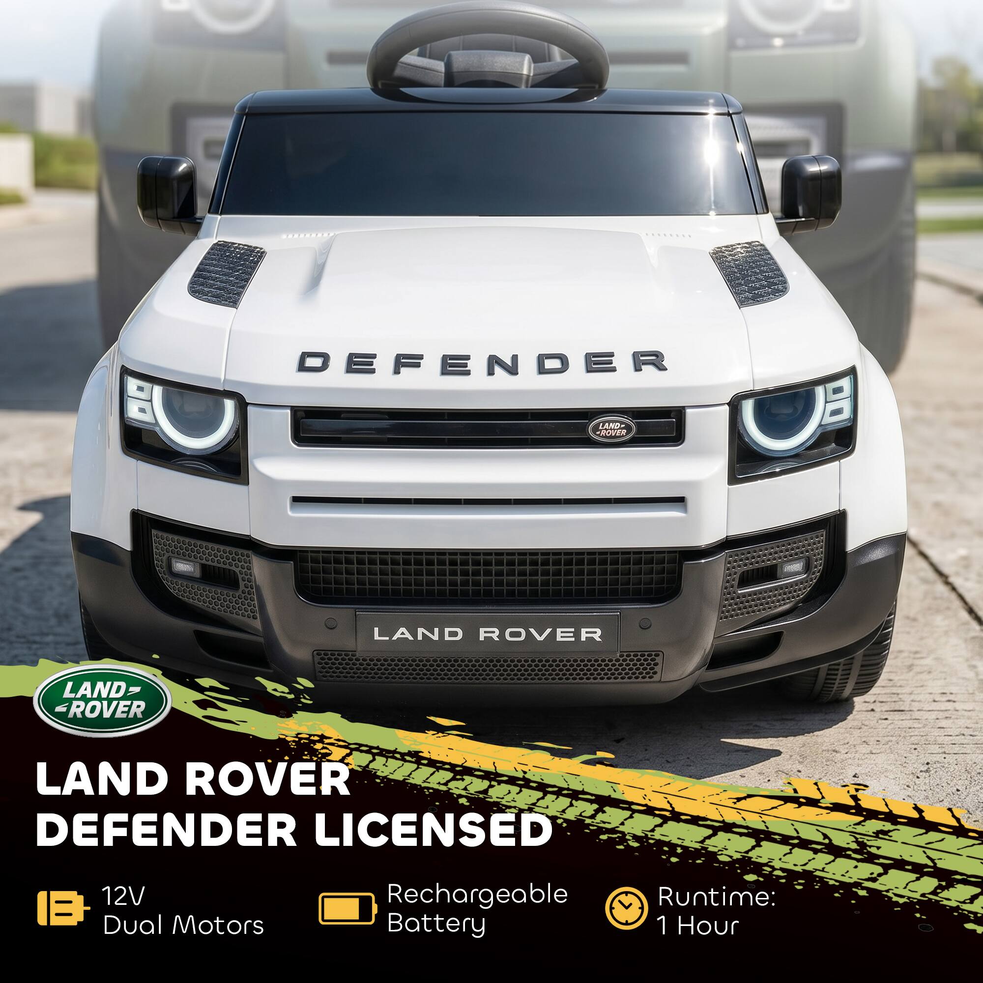 LAND ROVER DEFENDER LICENSED  
12V Dual Motors  
Rechargeable Battery  
Runtime: 1 Hour