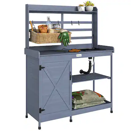 Front. Outsunny - Outdoor Wooden Potting Bench Table with Sink and Water Tap, Garden Workstation with Storage Cabinet, Storage Shelves - Gray.