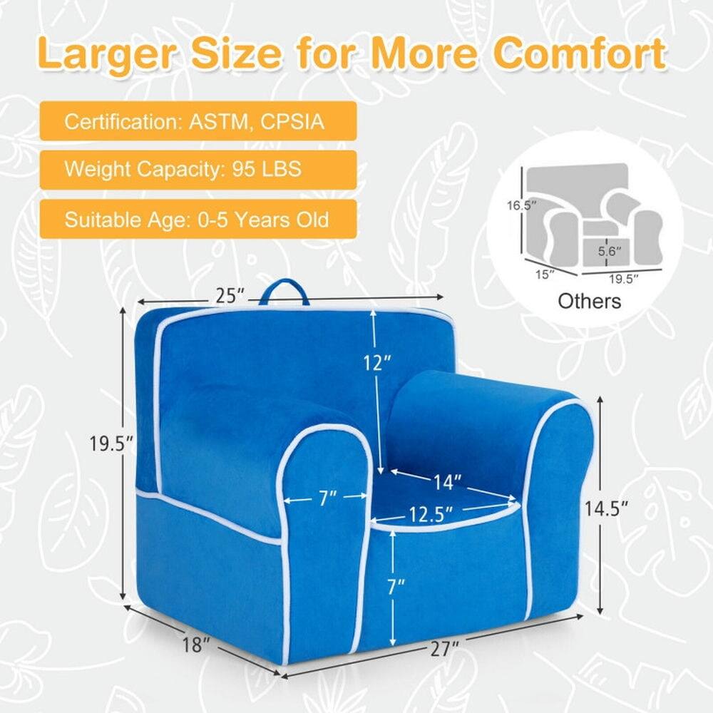 Larger Size for More Comfort  
Certification: ASTM, CPSIA  
Weight Capacity: 95 LBS  
Suitable Age: 0-5 Years Old  

Dimensions:  
- 16.5"  
- 5.6"  
- 25"  
- 15"  
- 19.5"  
- Others  
- 12"  
- 19.5"  
- 7"  
- 14"  
- 12.5"  
- 14.5"  
- 7"  
- 18"  
- 27"