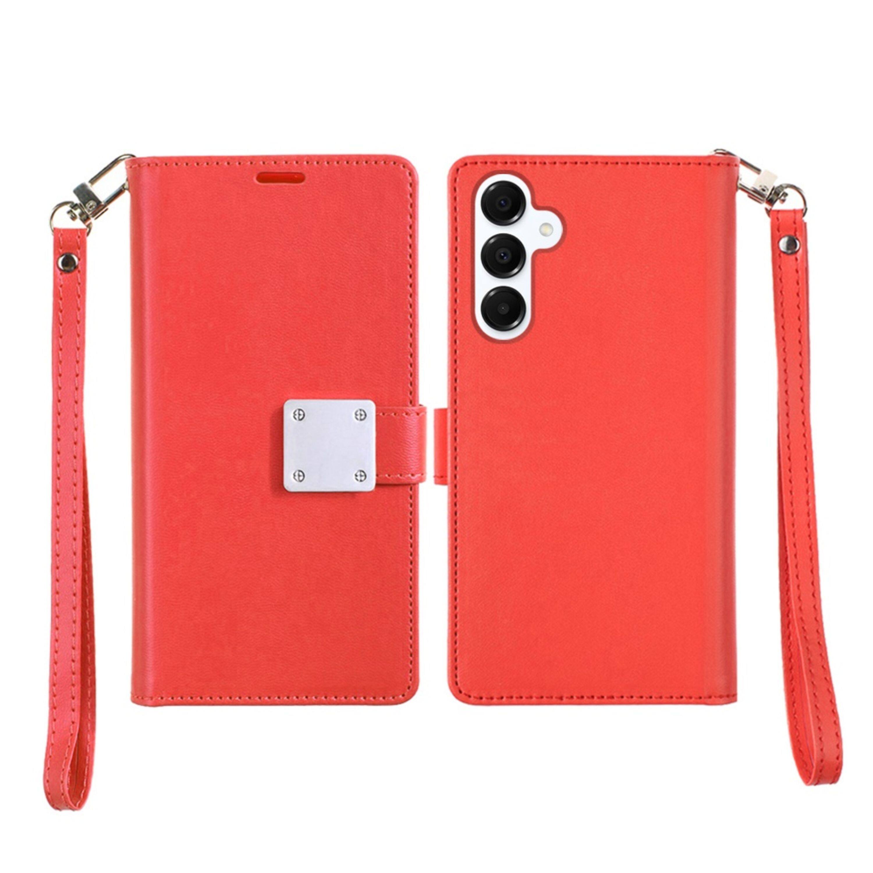Angle. Kitcheniva - PU Leather Phone Wallet Extra Card Flap Phone Case With Tempered Glass For Samsung Galaxy A16 5G Red - Red.