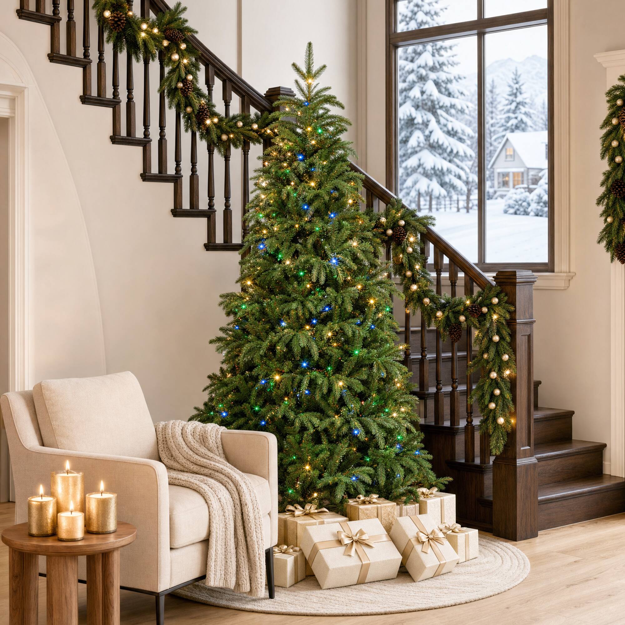 Alt View 8. Glitzhome - 6ft Pre-Lit Green Slim Fir Artificial Christmas Tree with 250 Warm White and Multi-Color Lights - Green.