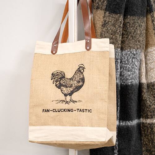 Left. BreeBe - Fan-Clucking-Tastic Jute Tote - Multi.
