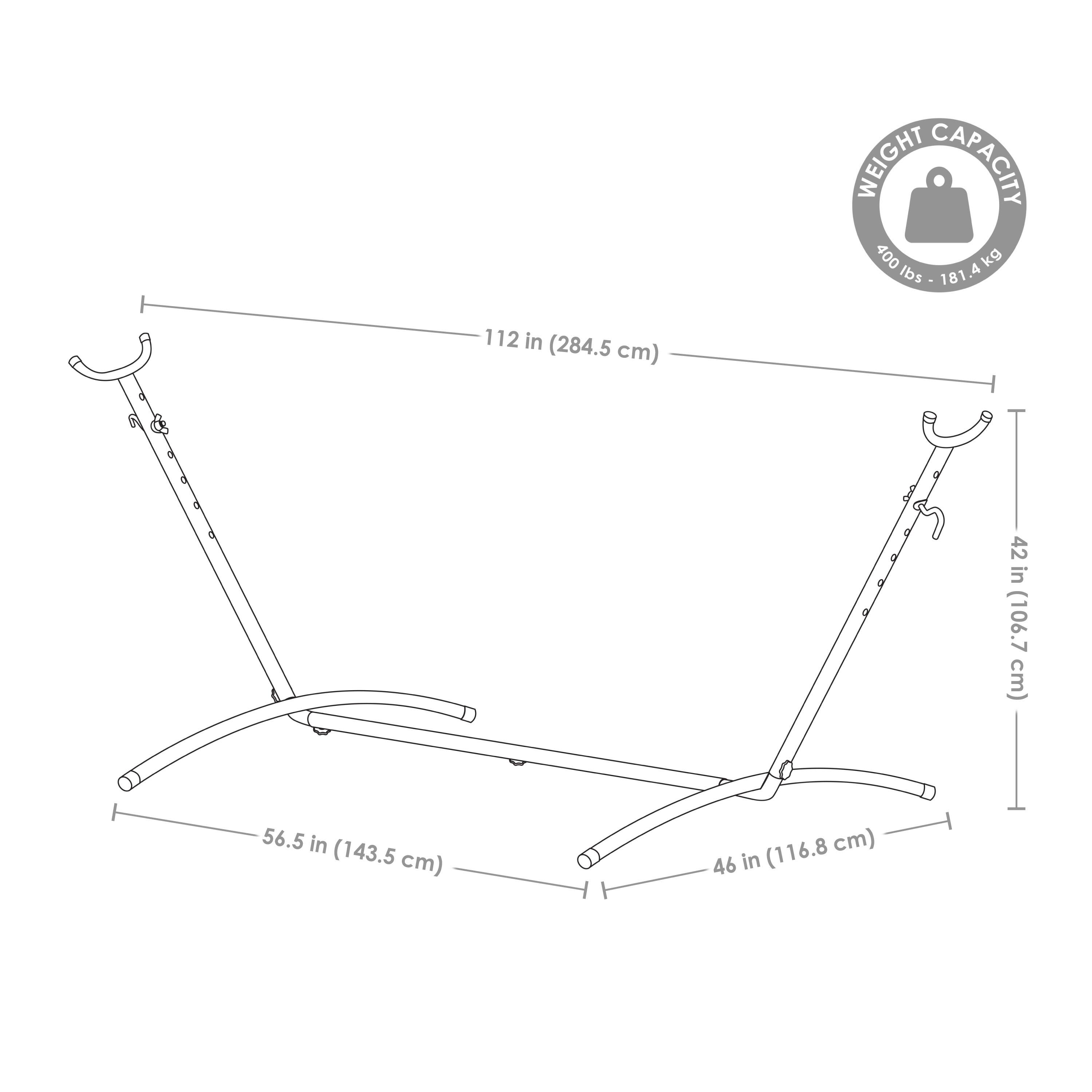 WEIGHT CAPACITY: 400 lbs - 181.4 kg

- 112 in (284.5 cm)
- 42 in (106.7 cm)
- 56.5 in (143.5 cm)
- 46 in (116.8 cm)
