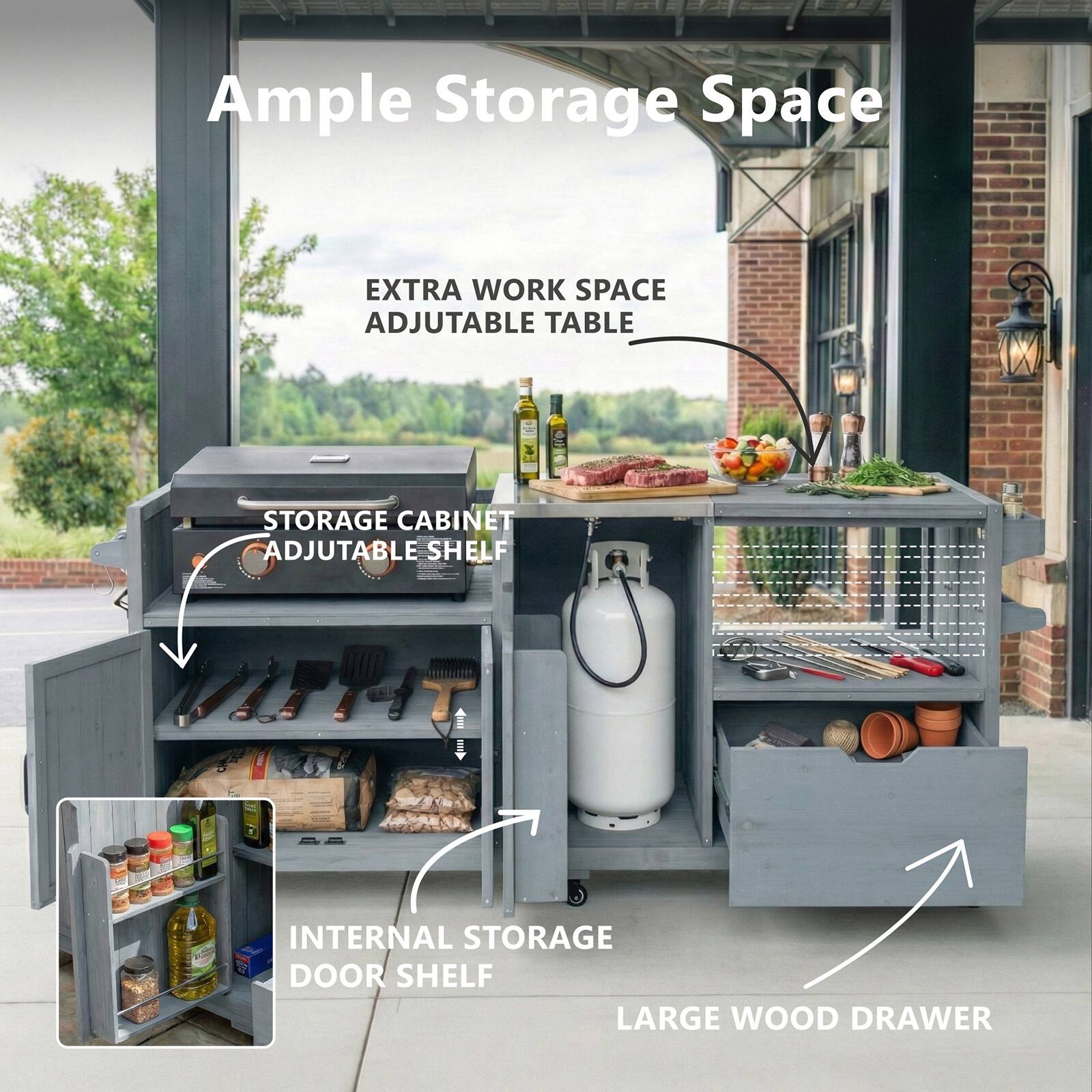 Ample Storage Space

- EXTRA WORK SPACE
- ADJUSTABLE TABLE
- STORAGE CABINET
- ADJUSTABLE SHELF
- INTERNAL STORAGE DOOR SHELF
- LARGE WOOD DRAWER