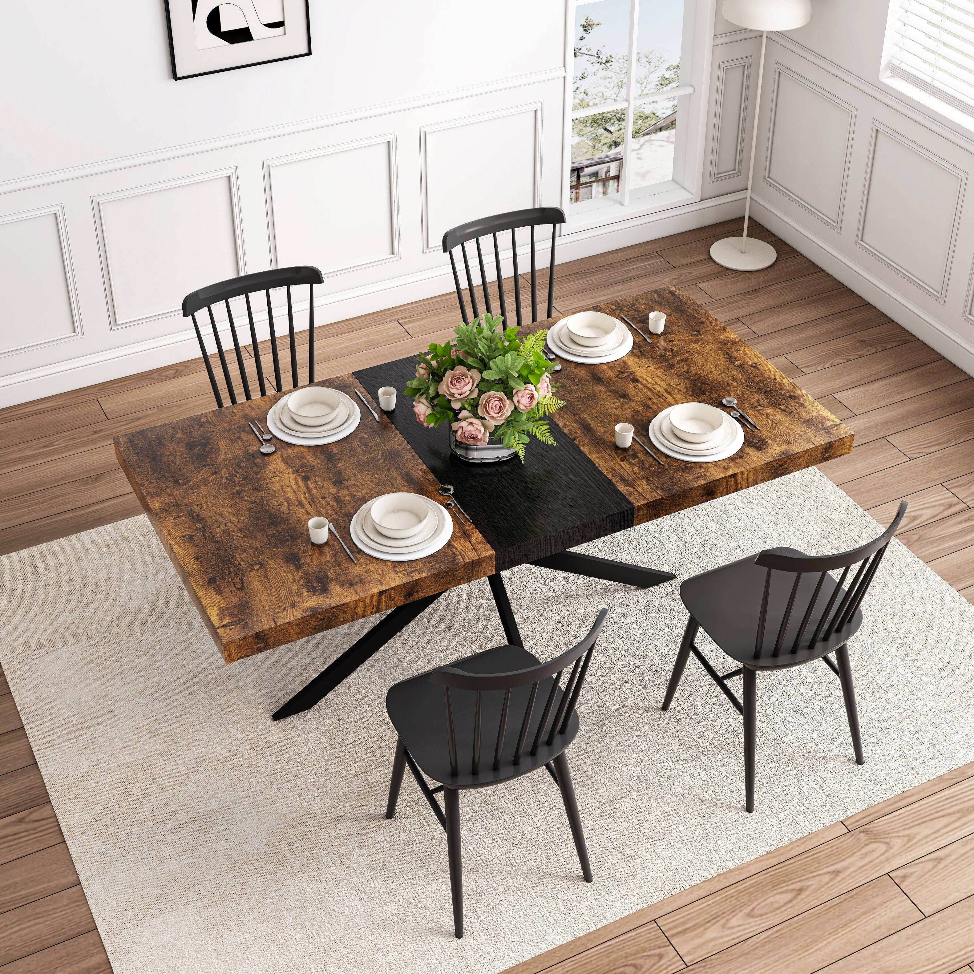 Angle. Tiramisubest - Retro Rectangular Stretch Dining Table with Storage Box,Antique Wood Top And Black Relief Plate,Iron Foot Base - Black Brown.