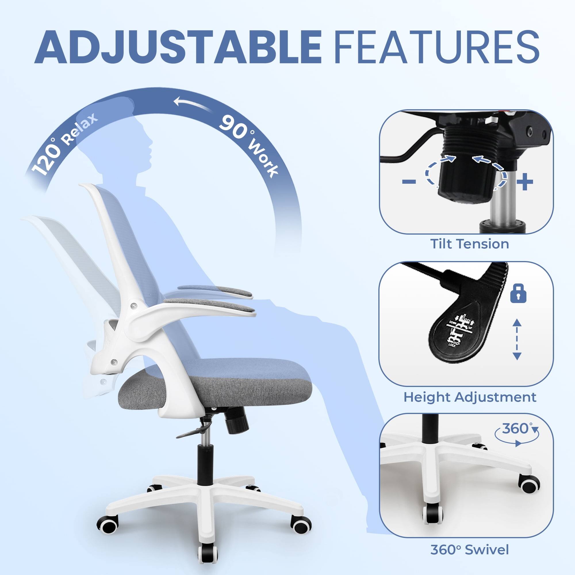 ADJUSTABLE FEATURES

- 120° Relax
- 90° Work
- Tilt Tension
- Height Adjustment
- 360° Swivel