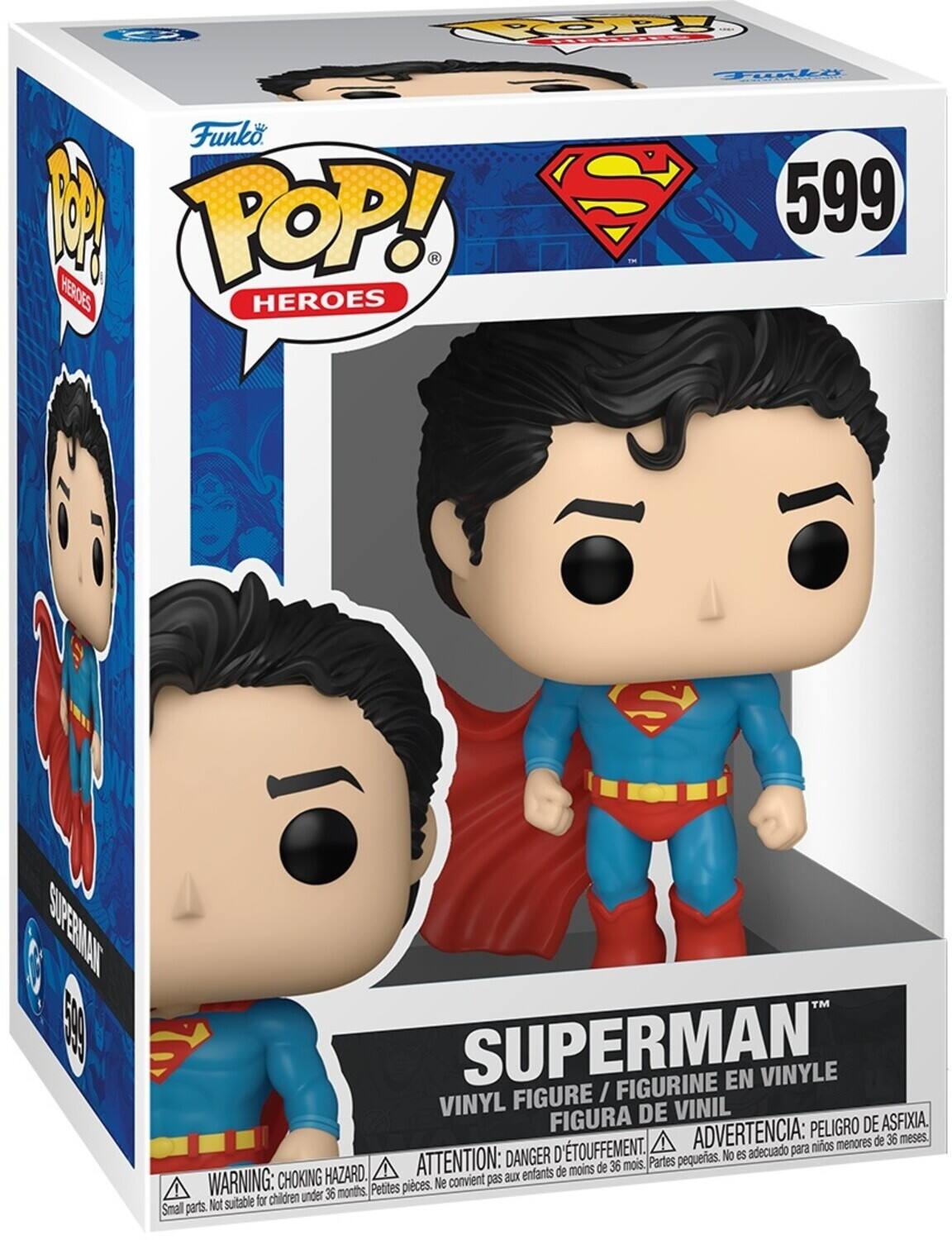 Sure, here is the corrected and grouped text from the image:

---

**Funko POP! Heroes**

**599**

**SUPERMAN**

**VINYL FIGURE / FIGURINE EN VINYLE / FIGURA DE VINIL**

**WARNING: CHOKING HAZARD. Small parts. Not suitable for children under 36 months.**

**ATTENTION: DANGER D'ÉTOUFFEMENT. Petites pièces. Ne convient pas aux enfants de moins de 36 mois.**

**ADVERTENCIA: PELIGRO DE ASFIXIA. Partes pequeñas. No es adecuado para niños menores de 36 meses.**

---

This text is from the packaging of a Funko Pop! figure of Superman.