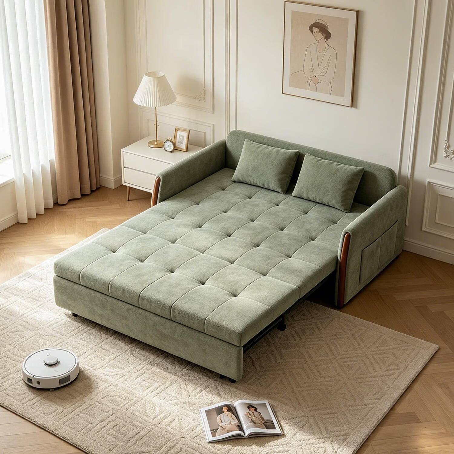 Back. luck idea - Pull‑Out Sofa Bed, 63‑inch Green Convertible Sleeper Sofa with Storage, Side Pockets & 2 Pillows for Living Room - green.