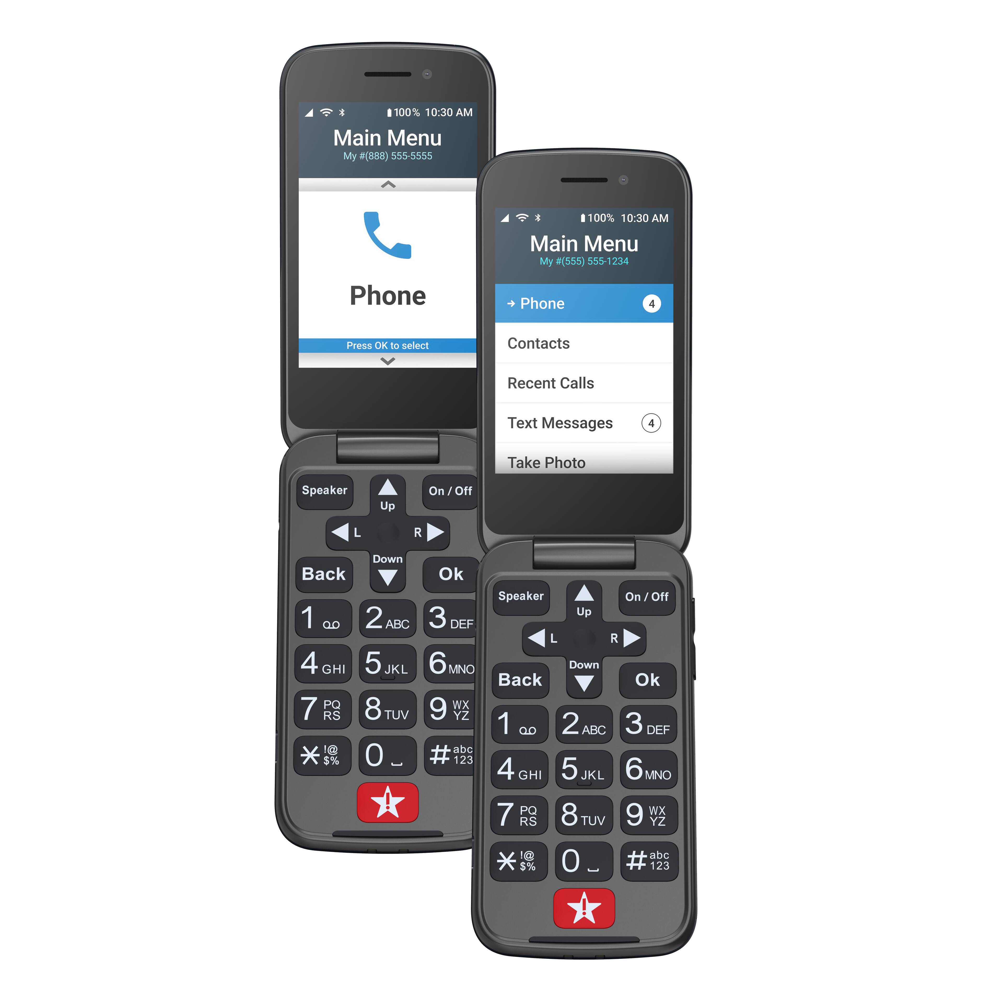 The text on the image reads:

"4 I 100% 10:30 AM Main Menu My #(R88) 555-5555 1 00% 10:30 AM Main Menu My #(555) 555-1234 Phone Phone 4 Press OK to select Contacts Recent Calls Text Messages 4 Take Photo Speaker Up On J Off L R Back 1  4 GHI 7 PQ RS 8 5% Down 2 ABC 5 JKL 8 TUV 0 - Ok 3 DEF 6 MNO 9 WX YZ abc # 123 Speaker On Off Up L R Down Back Ok 1 aD 2 ABC 3 DEF 4 GHI 5 JKL 6MNO MNO 7 PO 8 9 WX RS TUV YZ abc 5% 0 - # 123"

This text appears to be a list of options or settings for a cell phone, with the main menu being the first option. The other options include selecting contacts, recent calls, text messages, taking a photo, adjusting the speaker volume, and various other settings.