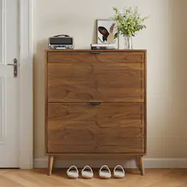 LUCKY ONE - 31.5in Freestanding Shoe Cabinet with 2 Flip Drawers Paperclip Groove for Entryway - Walnut