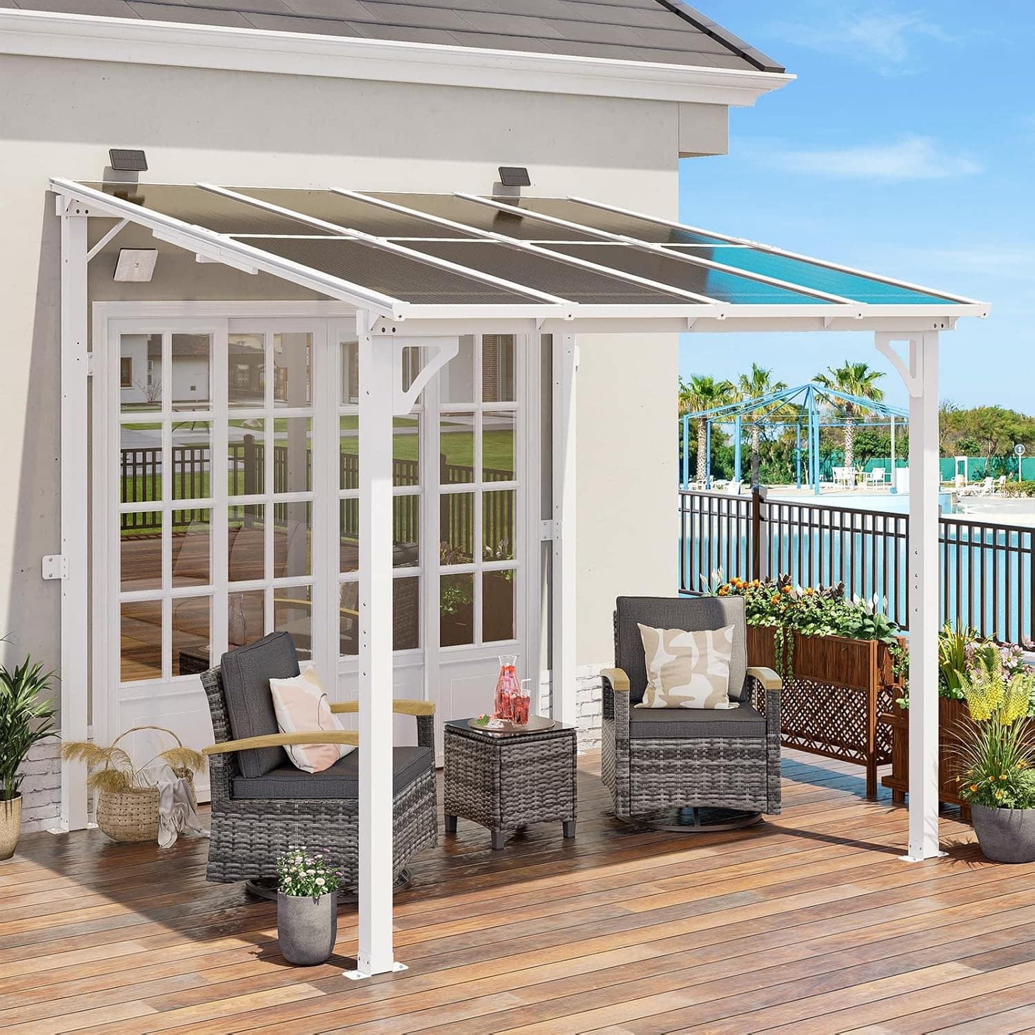 Front. Yardgrace - 8'x 8' Outdoor Wall Mounted Lean-to Gazebo, Heavy Duty Sloped Roof Metal Awning for Patio, Decks & Backyard - White.