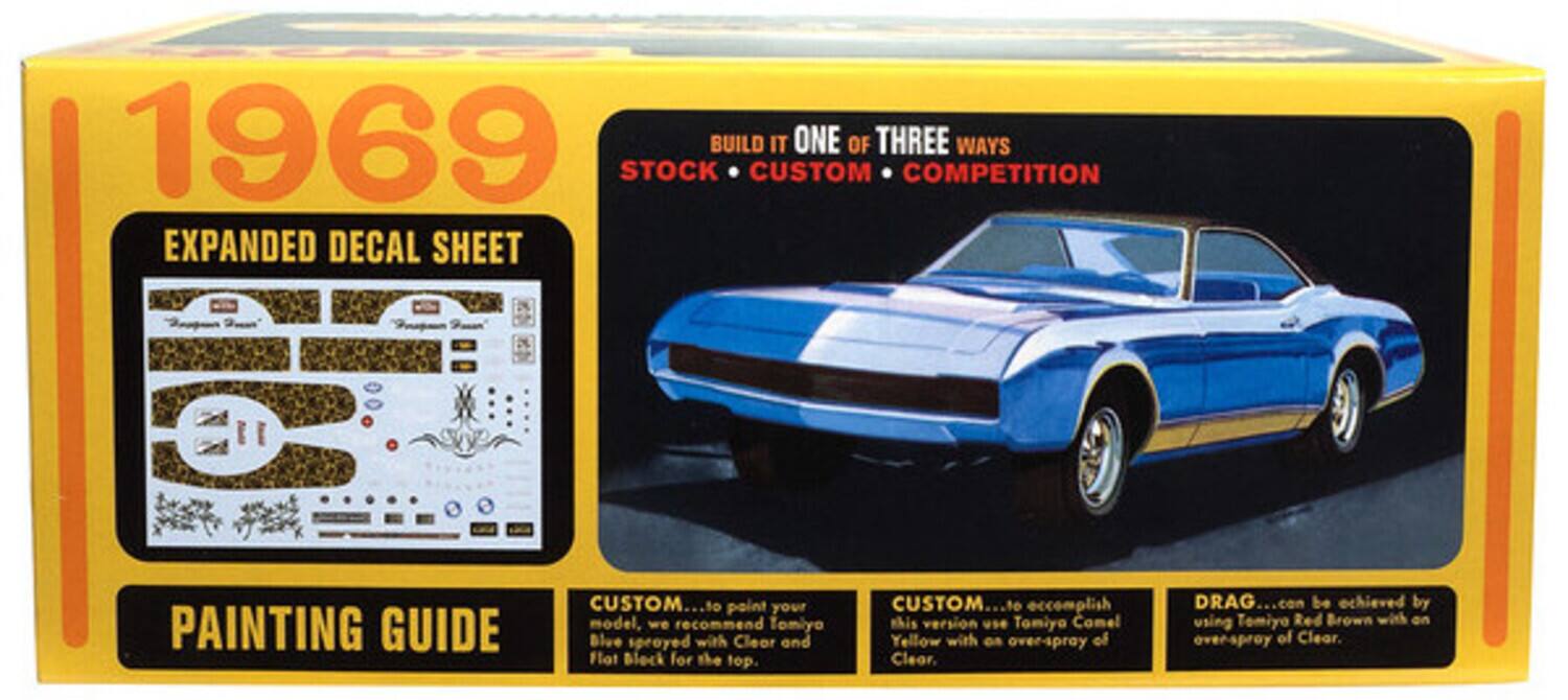 1969  
BUILD IT ONE OF THREE WAYS  
STOCK • CUSTOM • COMPETITION  

EXPANDED DECAL SHEET  

PAINTING GUIDE  

CUSTOM... to paint your model, we recommend Tomiyo Blue sprayed with Clear and Flat Black for the top.  

CUSTOM... to accomplish this version use Tomiyo Camel Yellow with an overspray of Clear.  

DRAG... can be achieved by using Tomiyo Red Brown with an overspray of Clear.