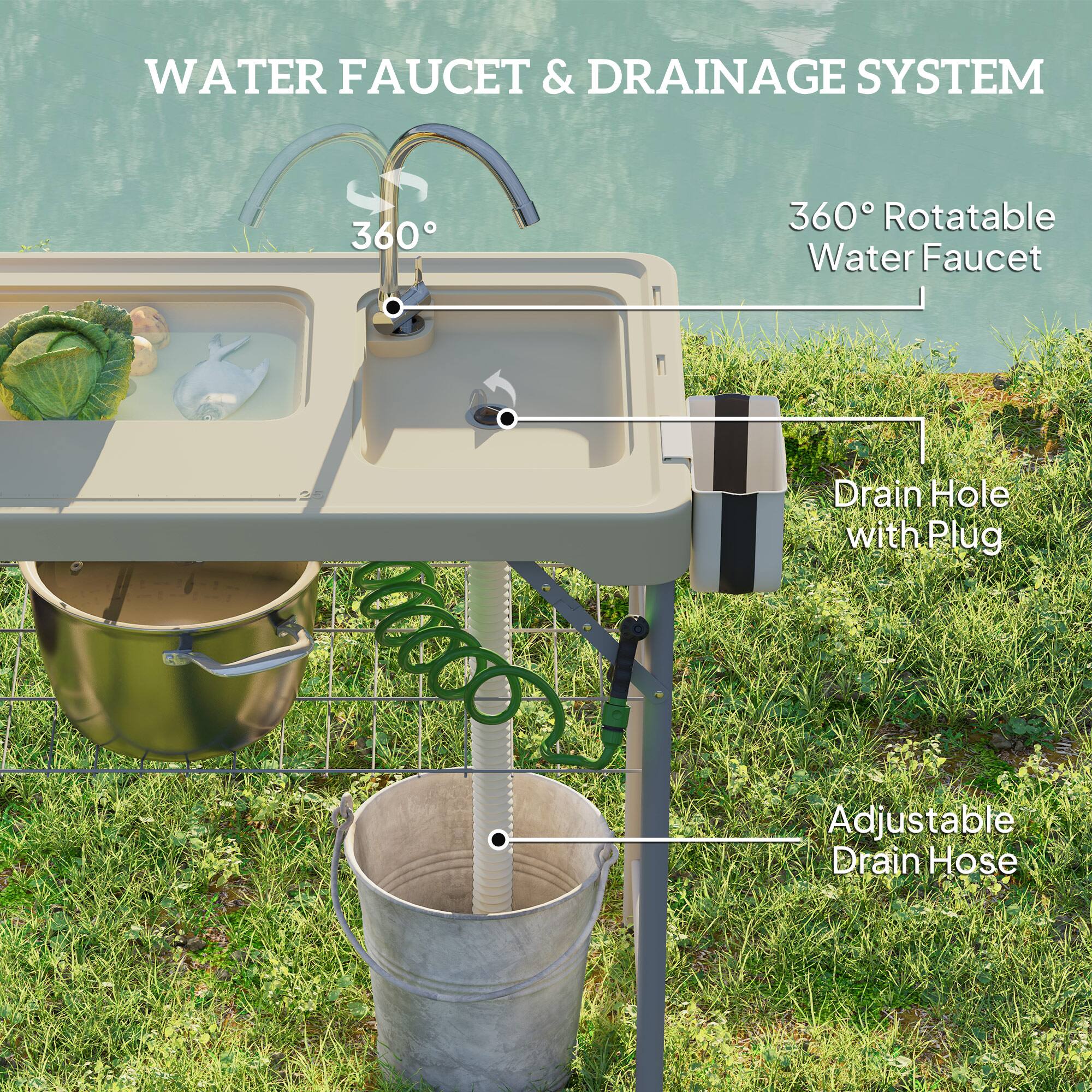WATER FAUCET & DRAINAGE SYSTEM
360° Rotatable Water Faucet
Drain Hole with Plug
Adjustable Drain Hose