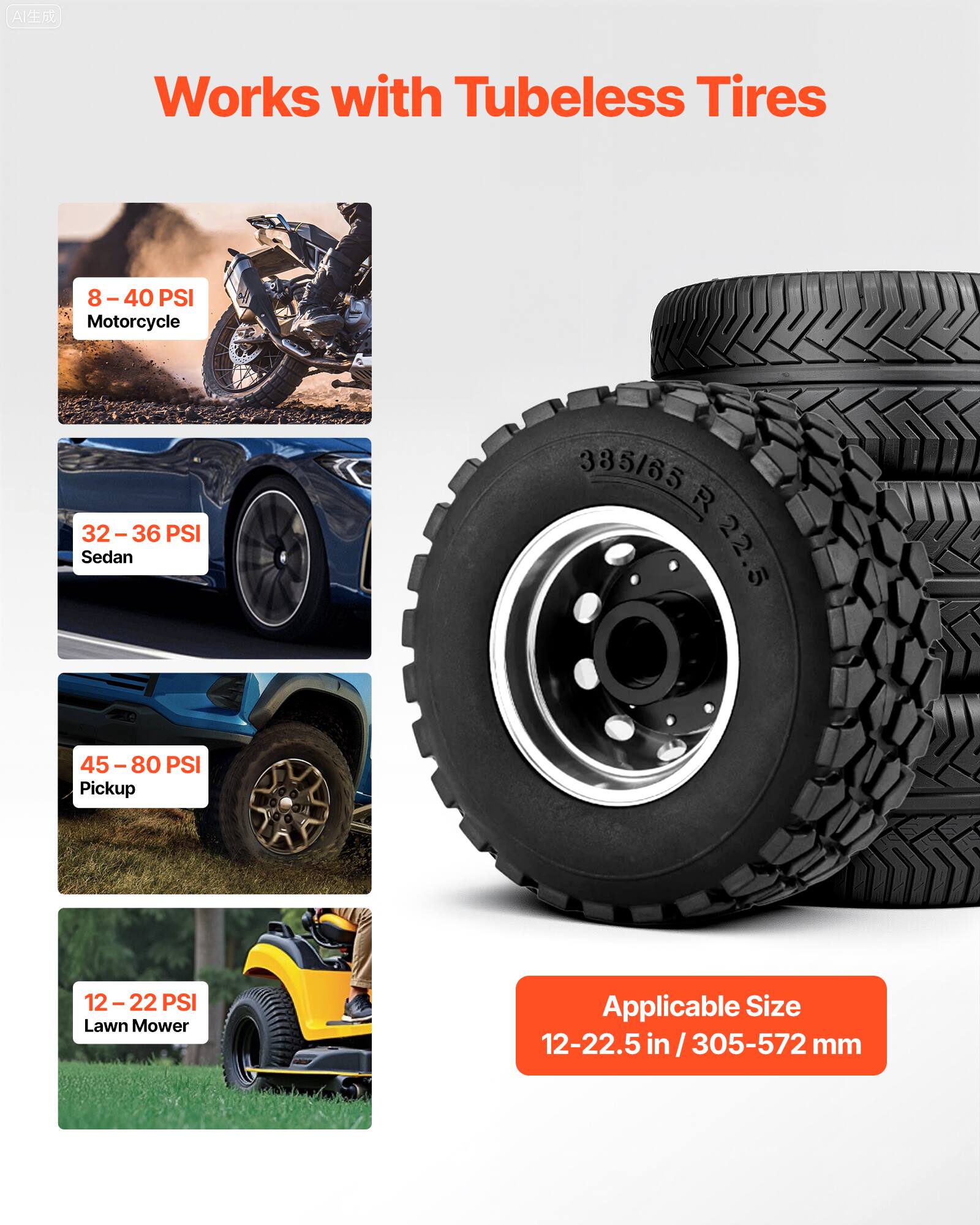 AI Works with Tubeless Tires

- Motorcycle: 8 - 40 PSI
- Sedan: 32 - 36 PSI
- Pickup: 45 - 80 PSI
- Lawn Mower: 12 - 22 PSI

Applicable Size: 12-22.5 in / 305-572 mm