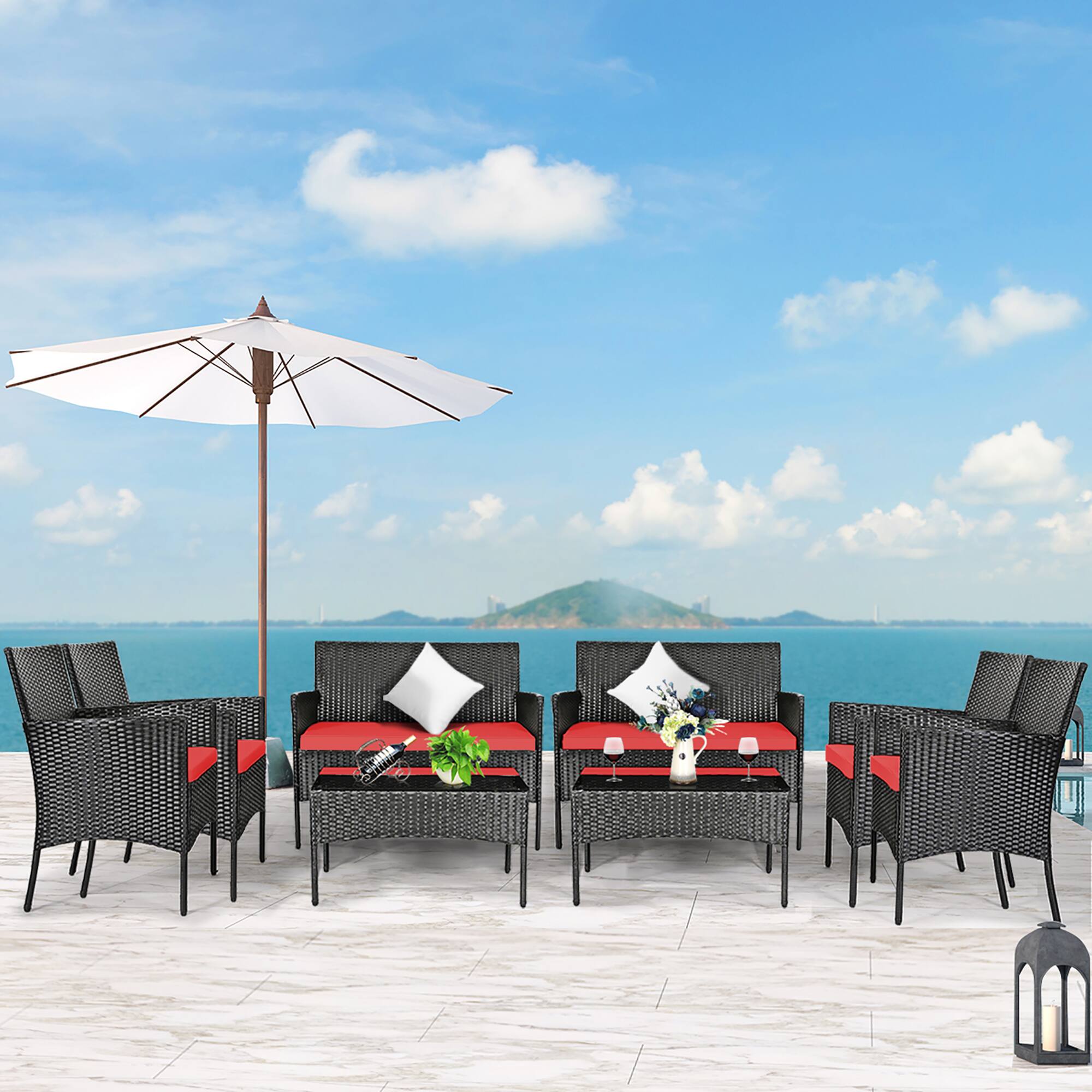 Alt View 1. Costway - Costway 8PCS Patio Rattan Furniture Set Cushioned Sofa Coffee Table Backyard Porch - Red.