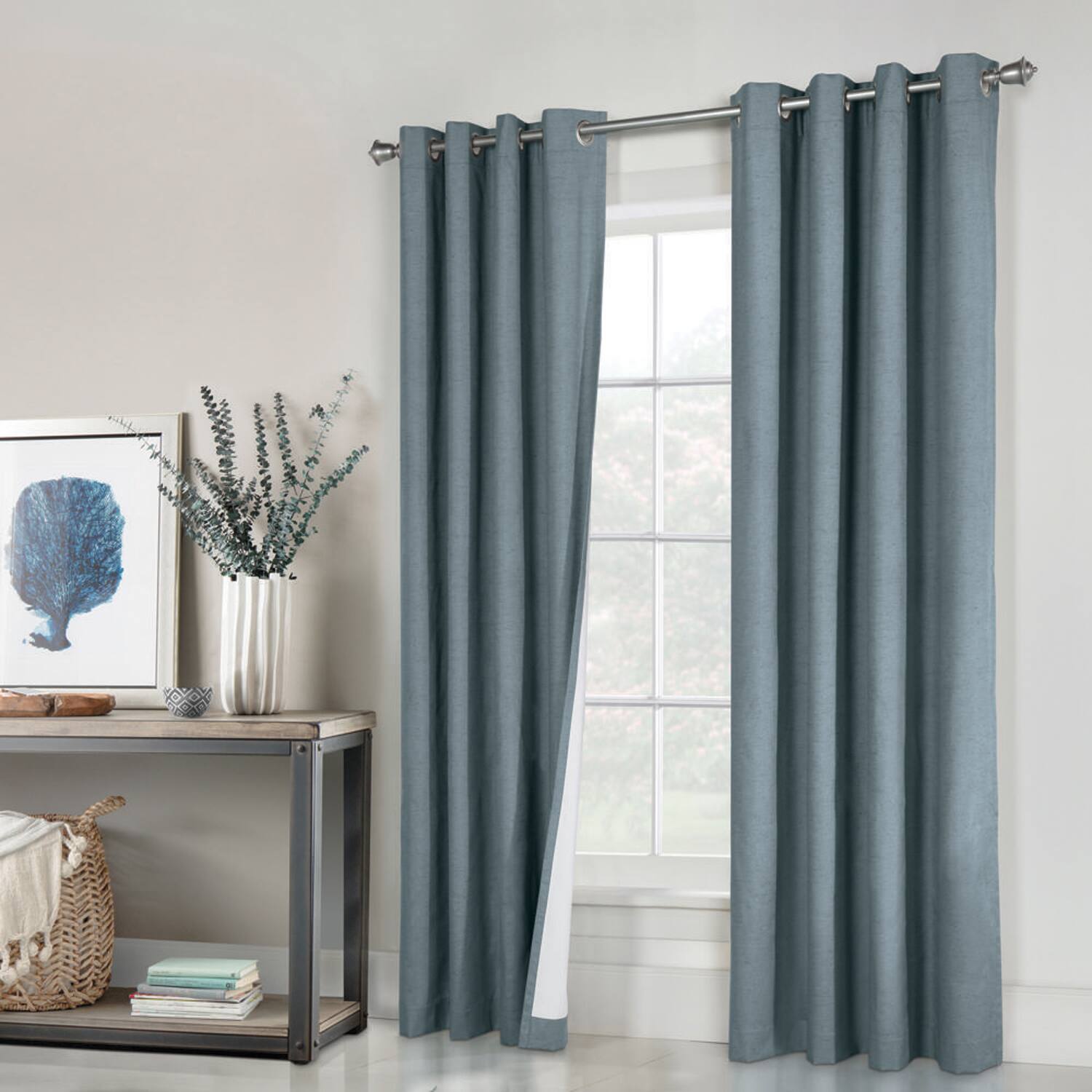 Left. Commonwealth Home Fashions - Thermaplus Ventura Blackout Grommet Curtain Panel Pair Frame Windows with Slub Textured Motif Each 78" x 84" Blue - Blue.