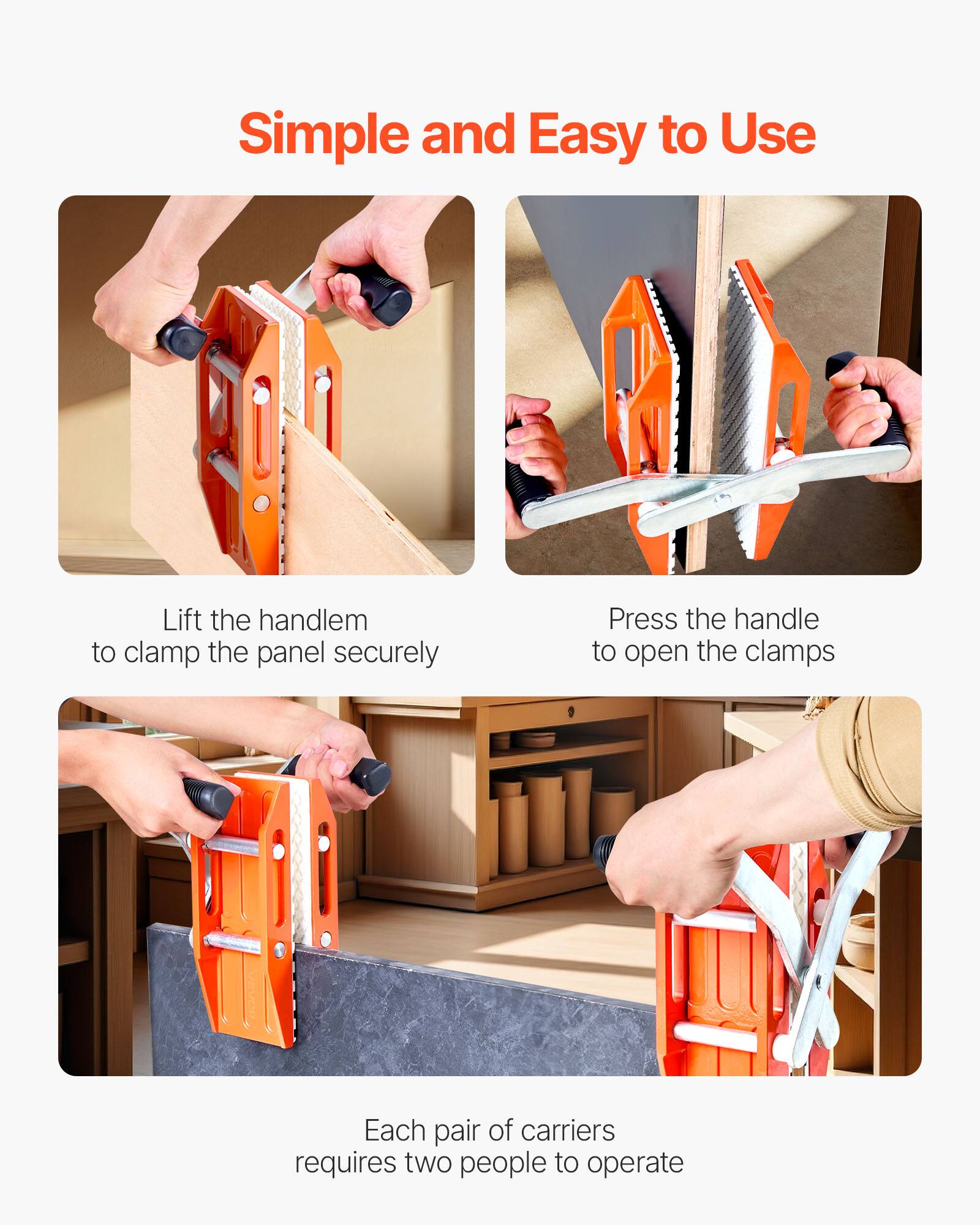 Simple and Easy to Use

- Lift the handle to clamp the panel securely
- Press the handle to open the clamps
- Each pair of carriers requires two people to operate