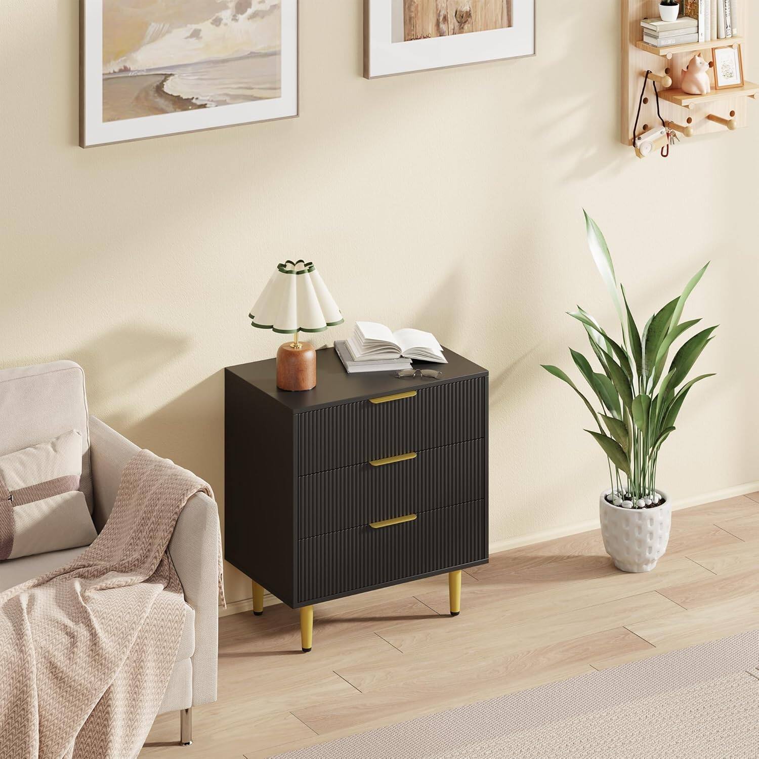 Angle. GARVEE - Fluted Dresser for Bedroom with 3 Drawers, Wooden Chest of Drawers with Metal Handle & Feet, Dresser for Living Room - Black.