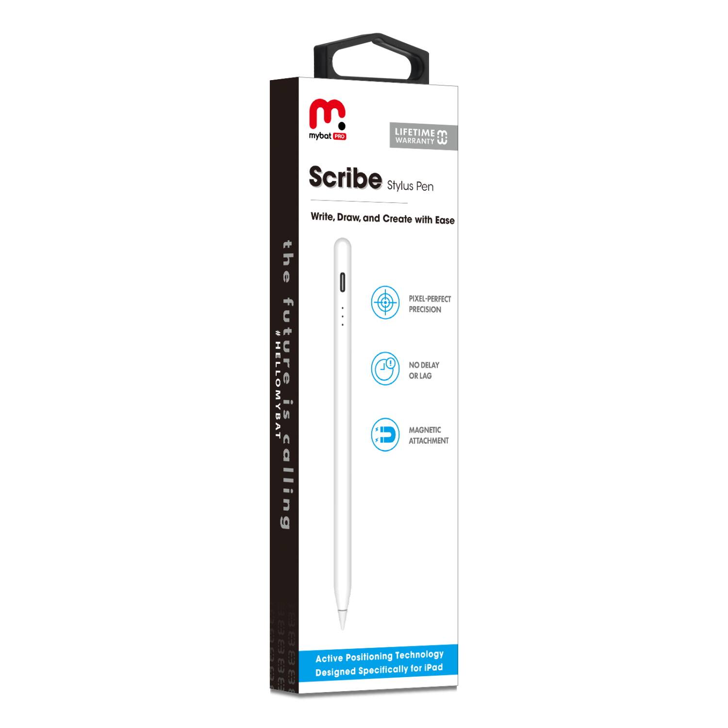 Sure, here is the corrected and grouped text from the image:

---

**mybat**

**Scribe Stylus Pen**

**Write, Draw, and Create with Ease**

**the future is calling**

**HELLO MYBAT**

**LIFETIME WARRANTY**

**PIXEL-PERFECT PRECISION**

**NO DELAY OR LAG**

**MAGNETIC ATTACHMENT**

**Active Positioning Technology Specifically for iPad**

---

This text is organized to reflect the information presented on the packaging.