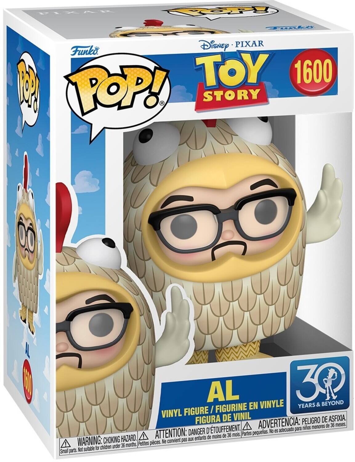 Sure, here is the corrected and grouped text from the image:

---

**Funko POP!**

**Disney PIXAR TOY STORY**

**1600**

**AL**

**VINYL FIGURE / FIGURINE EN VINYLE / FIGURA DE VINIL**

**30 YEARS & BEYOND**

**WARNING: CHOKING HAZARD.**  
Small parts. Not suitable for children under 36 months.

**ATTENTION: DANGER D'ÉTOUFFEMENT.**  
Petites pièces. Ne convient pas aux enfants de moins de 36 mois.

**ADVERTENCIA: PELIGRO DE ASFIXIA.**  
Partes pequeñas. No es adecuado para niños menores de 36 meses.

---

This text is organized to reflect the information on the packaging.
