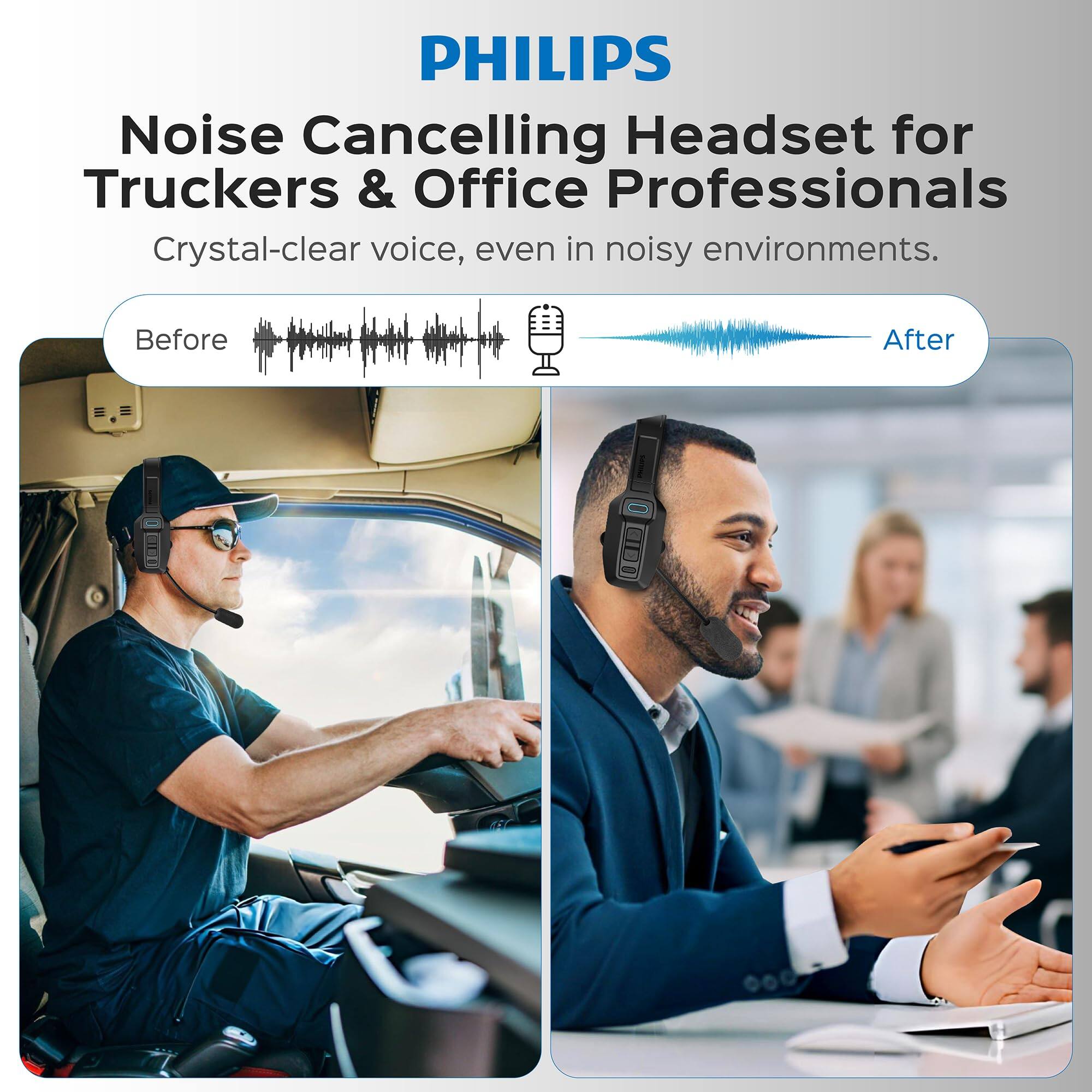 PHILIPS Noise Cancelling Headset for Truckers & Office Professionals  
Crystal-clear voice, even in noisy environments.  
Before After