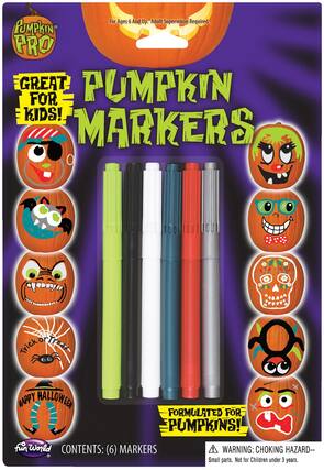 For Ages 6 And Up. Adult Supervision Required.
PUMPKIN PRO GREAT PUMPKIN FOR KIDS!
MARKERS
Trick or Treat
HAPPY HALLOWEEN
FORMULATED FOR PUMPKINS!
CONTENTS: (6) MARKERS
WARNING: CHOKING HAZARD-- Small parts. Not for Children under 3 years.
