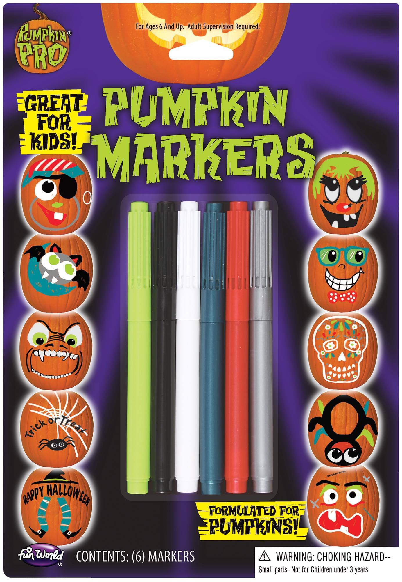 For Ages 6 And Up. Adult Supervision Required.  
PUMPKIN PRO GREAT PUMPKIN FOR KIDS!  
MARKERS  
Trick or Treat  
HAPPY HALLOWEEN  
FORMULATED FOR PUMPKINS!  
CONTENTS: (6) MARKERS  
WARNING: CHOKING HAZARD-- Small parts. Not for Children under 3 years.