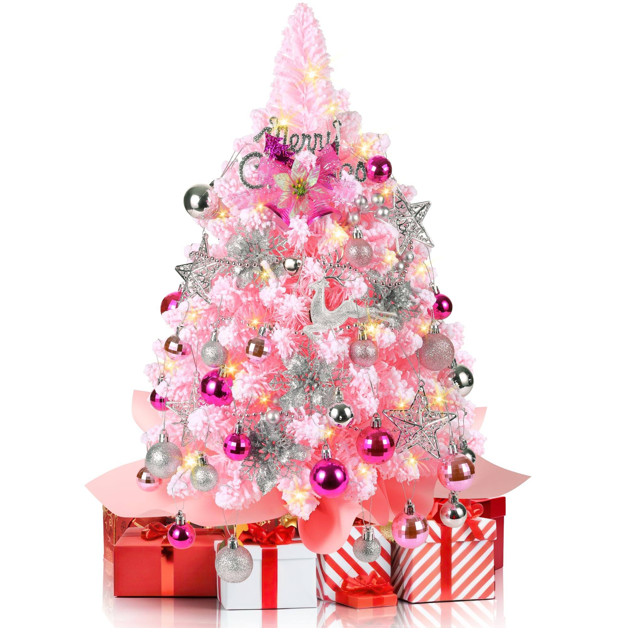 Front. Stylel Star - 2FT Mini Christmas Tree, Artificial Tabletop Christmas Tree with 60 LED Lights, Prelit Small Christmas Tree, 100... - Snow Pink.