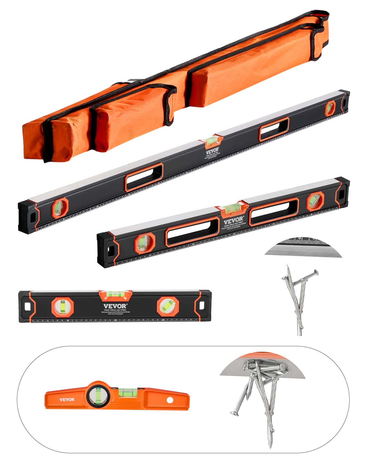 VEVOR - 4-Piece Torpedo Level, 48/24/16/10 Inch Box Levels Set, Fluorescent Light Up Bubble Vials Ruler for 45/90/180 Degree - Black + Orange price history on PriceWatchPro