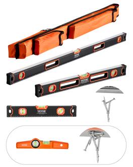 VEVOR - 4-Piece Torpedo Level, 48/24/16/10 Inch Box Levels Set, Fluorescent Light Up Bubble Vials Ruler for 45/90/180 Degree - Black + Orange