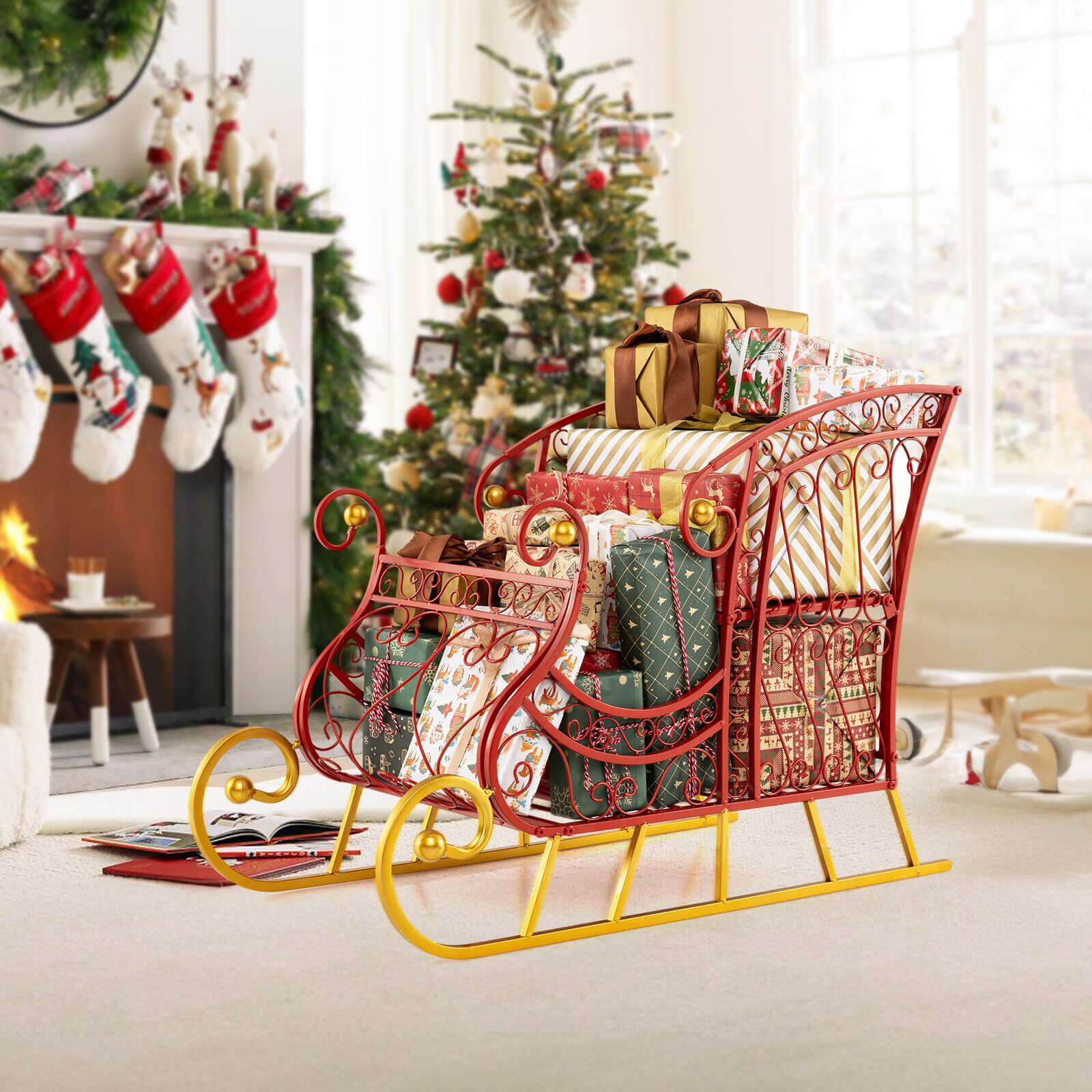 Alt View 4. Costway - Costway Metal Christmas Santa Sleigh Basket Festive Decorative Sleigh Cart Holiday - Multicolor.