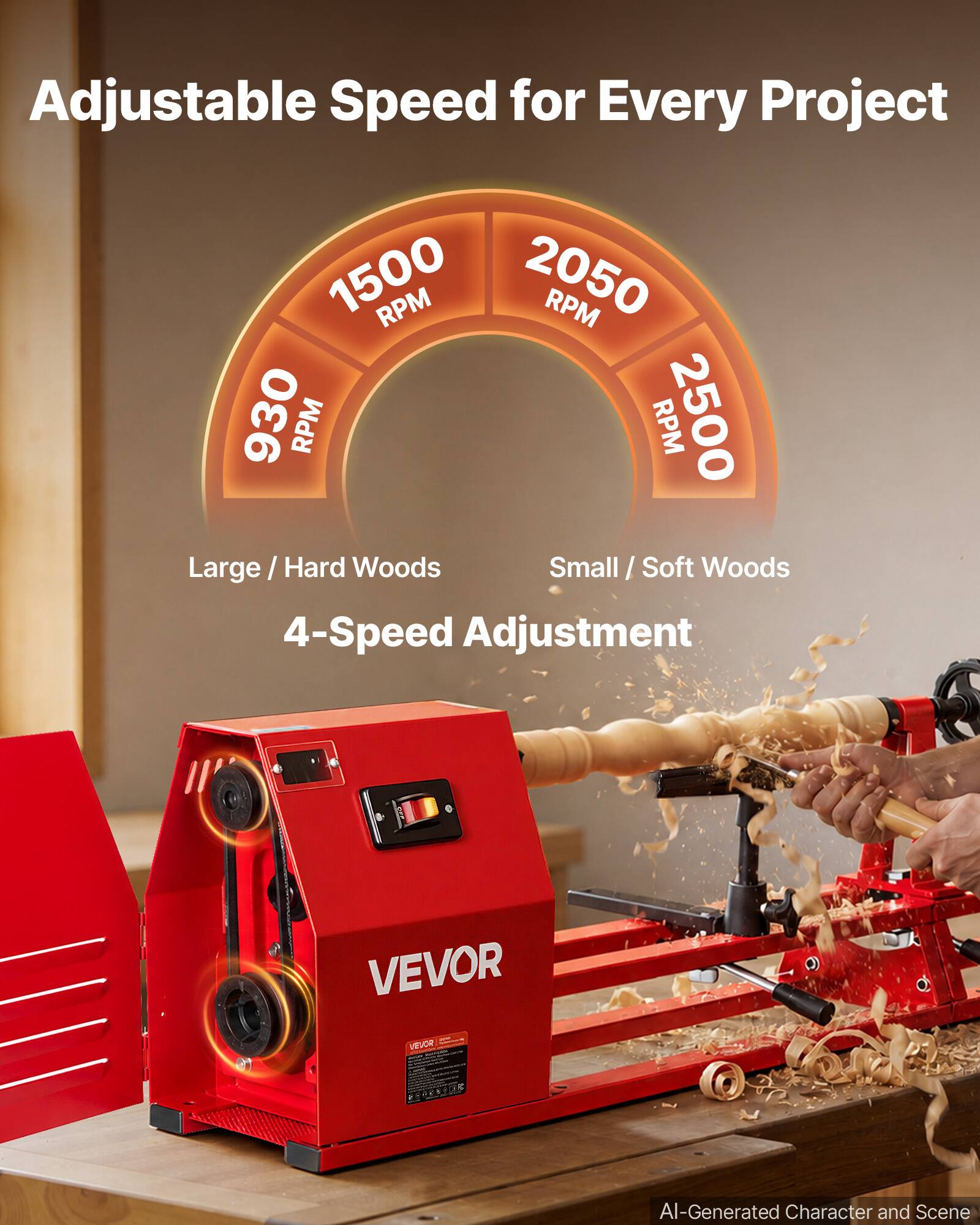 Adjustable Speed for Every Project

1500 RPM  
2050 RPM  
930 RPM  
2500 RPM

Large / Hard Woods  
Small / Soft Woods

4-Speed Adjustment

VEVOR

AI-Generated Character and Scene