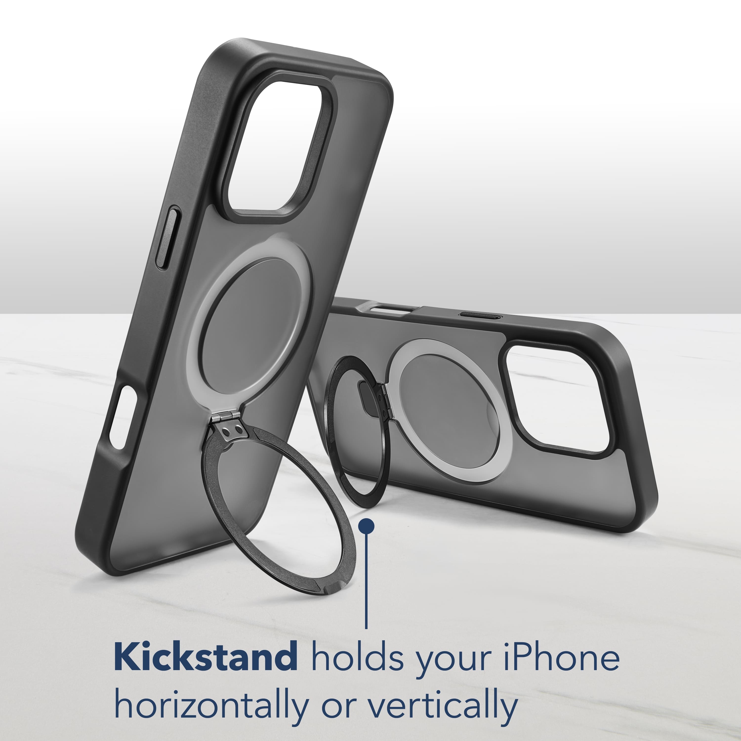 The image shows a black Kickstand case for an iPhone, which can hold the phone horizontally or vertically.