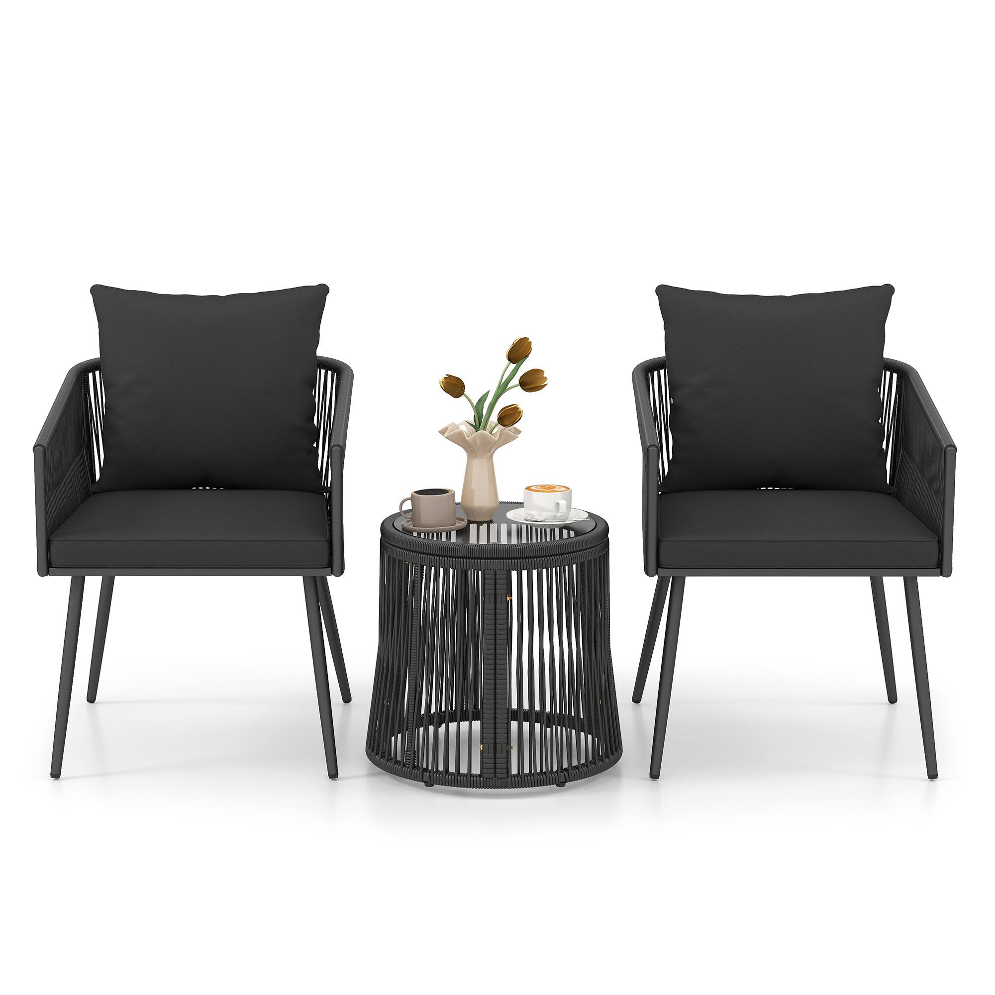 Alt View 9. Costway - Costway 3-Piece Furniture Set Rattan Conversation Set with Cushions Patio Wicker Chairs & Round Side Table Set - Black.