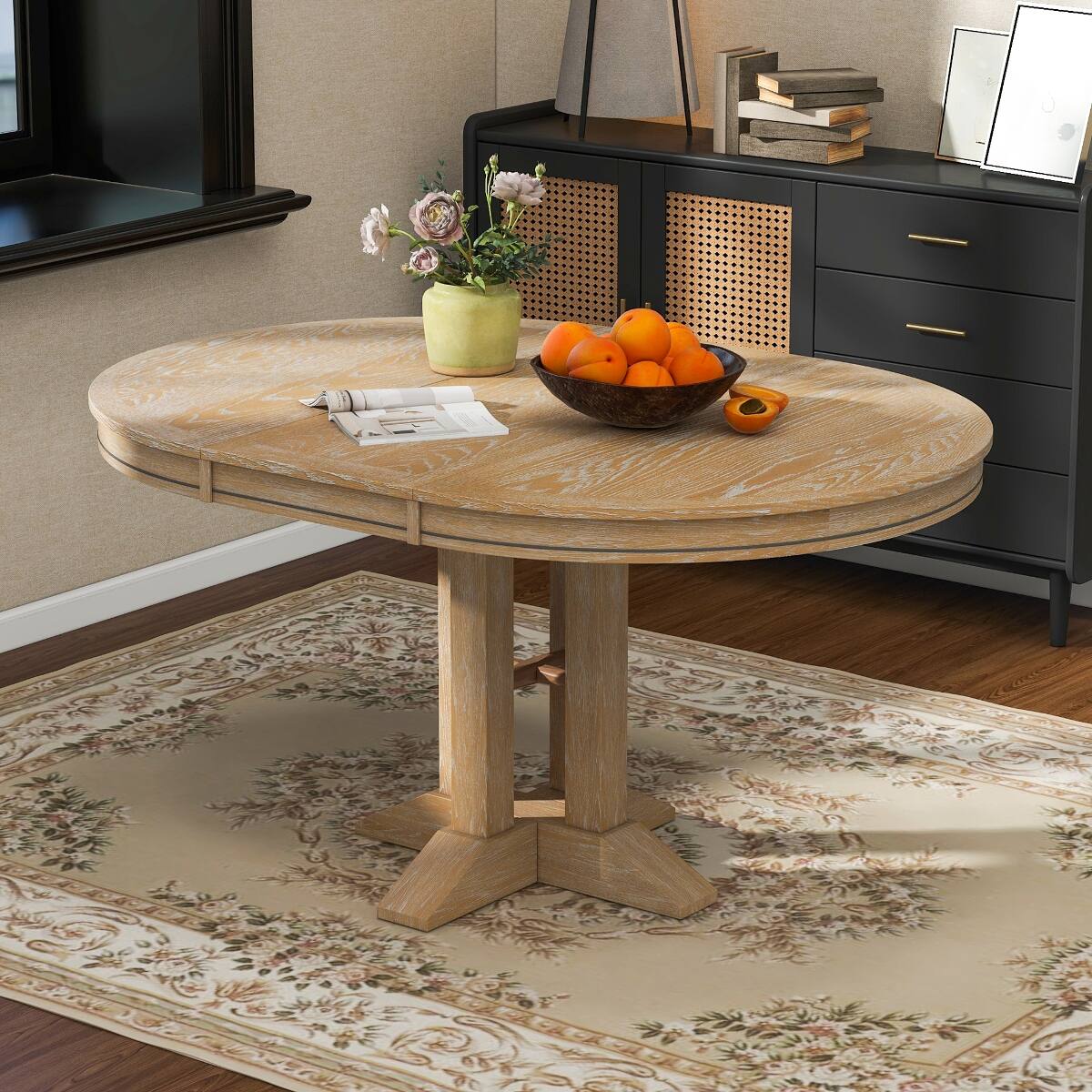 Alt View 9. Loheer - Loheer Extendable Round Dining Table Natural Wood Finish for Kitchen and Dining Room - Natural Wood Wash.