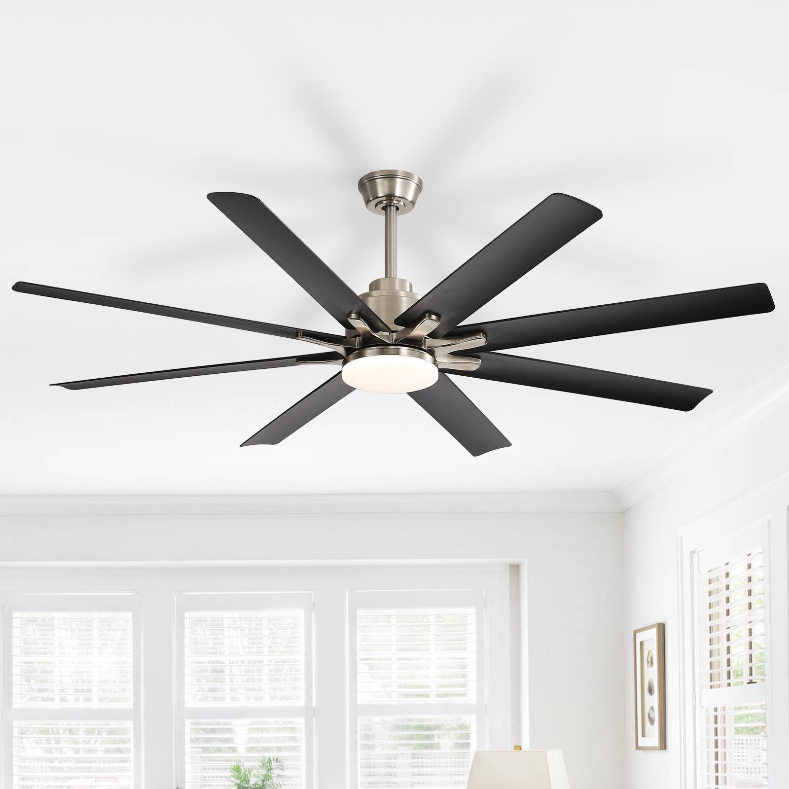 Left. Sofucor - 52in Brushed Nickel Smart Ceiling Fan/ 3CCT LED APP/Remote/Voice Control 6 Speed Modern High CFM Flush Mount Ceiling Fan - Nickel Black.