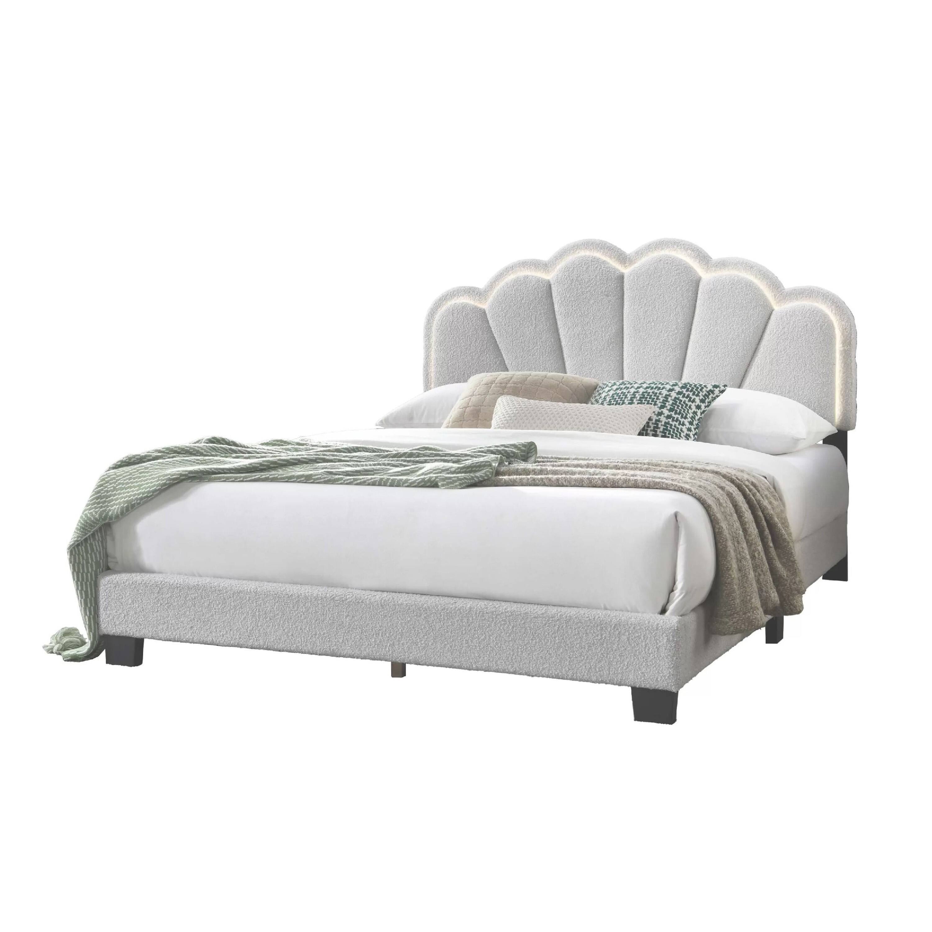 Left. Manhattan Lane - Madsy Full Bed, White Upholstered Fan-Shaped Headboard, Metallic Accents - White, Black.