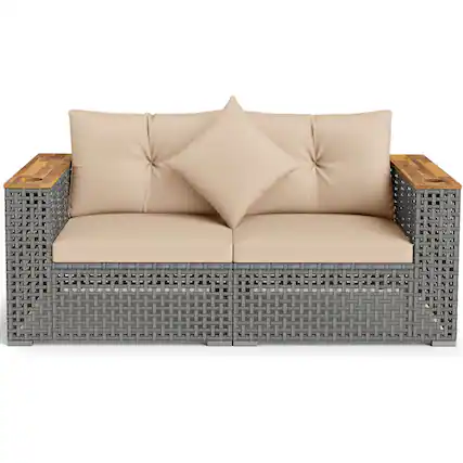 Front. Costway - Costway 2 PCS Patio Corner Sofa Set with Thick Cushions Wide Acacia Wood Armrests for Garden - Gray + Brown.