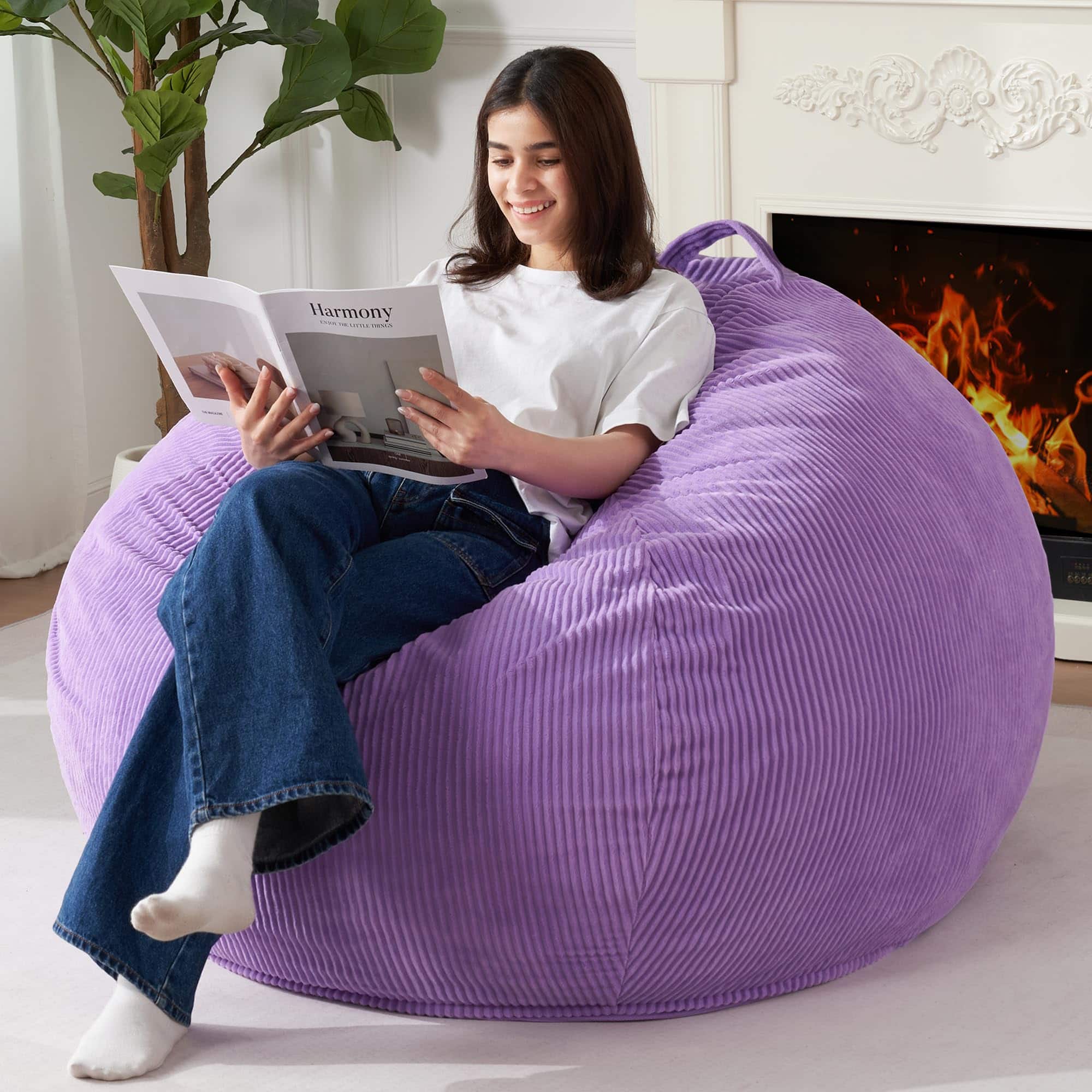 JETRANSPORT - 3.5ft Bean Bag Chair: Teardrop Bags With Memory Foam Filled Compact Beanbag Chairs Soft Sofa Corduroy - Purple Large
