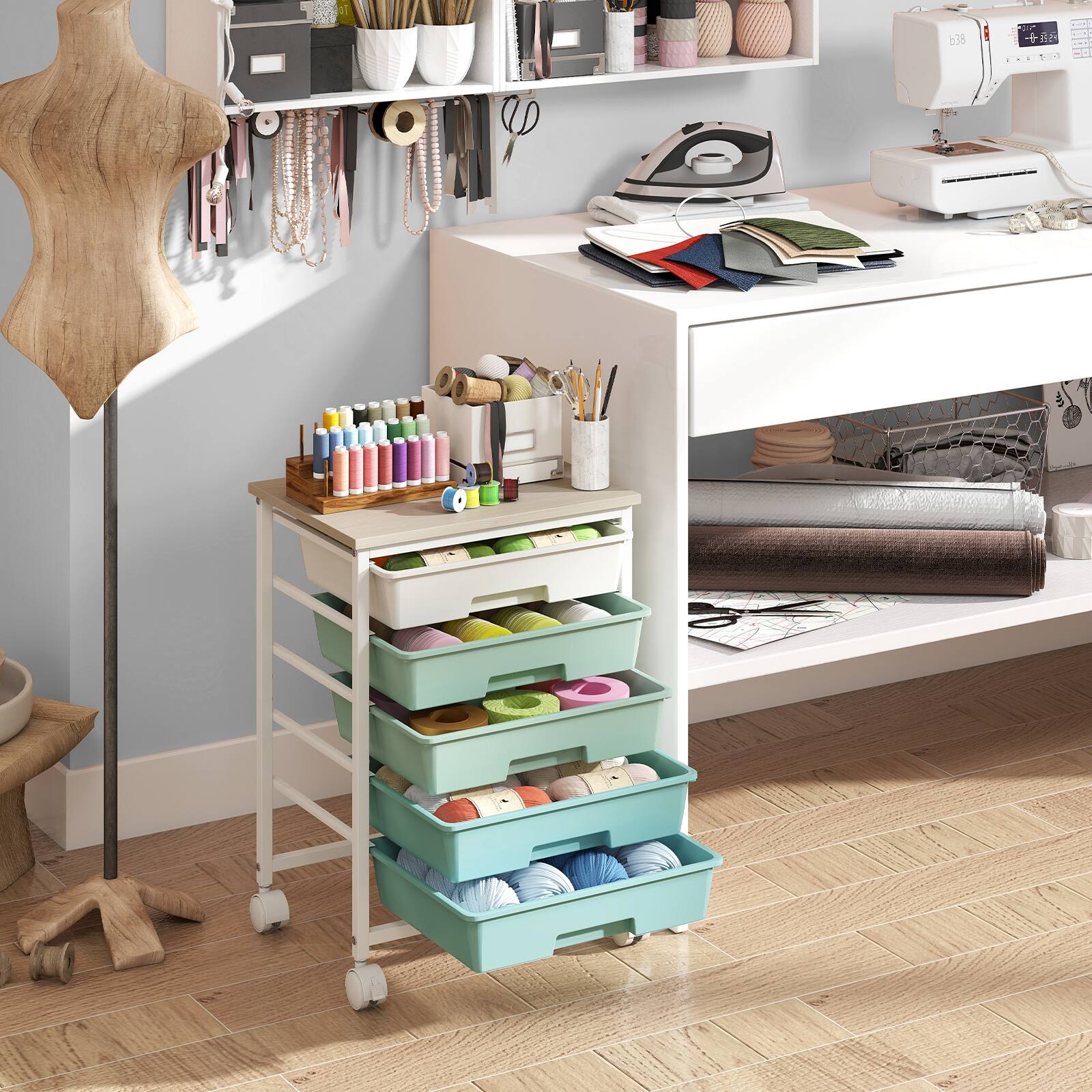 Alt View 1. Costway - Costway 5-Drawer Art & Craft Storage Carts, Storage Cart with 4 Universal Wheels, Metal Frame for Home 15"L - 15"L Green Gradient.