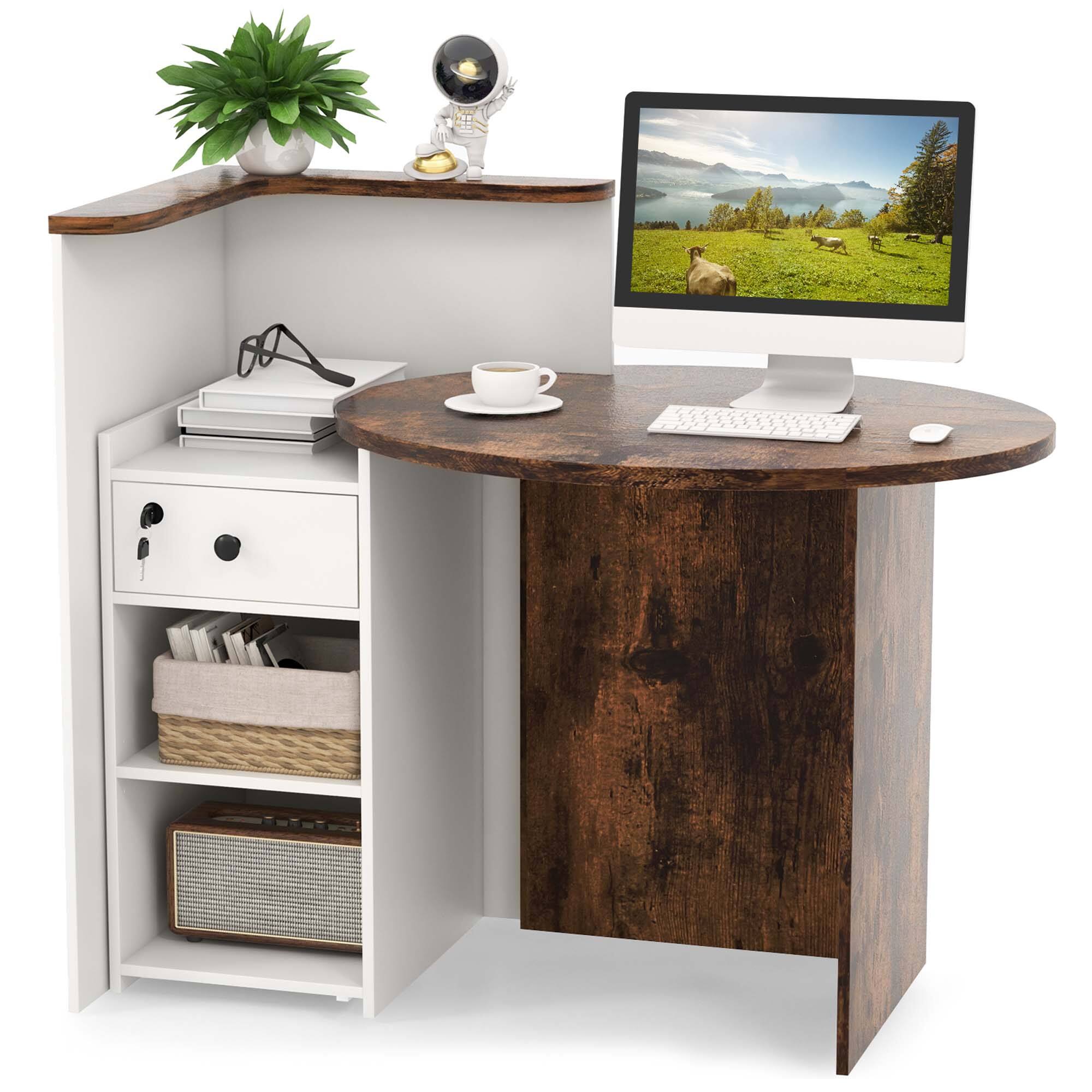 Front. Costway - Front Reception Desk with Open Shelf and Lockable Drawer - Rustic Brown and White.