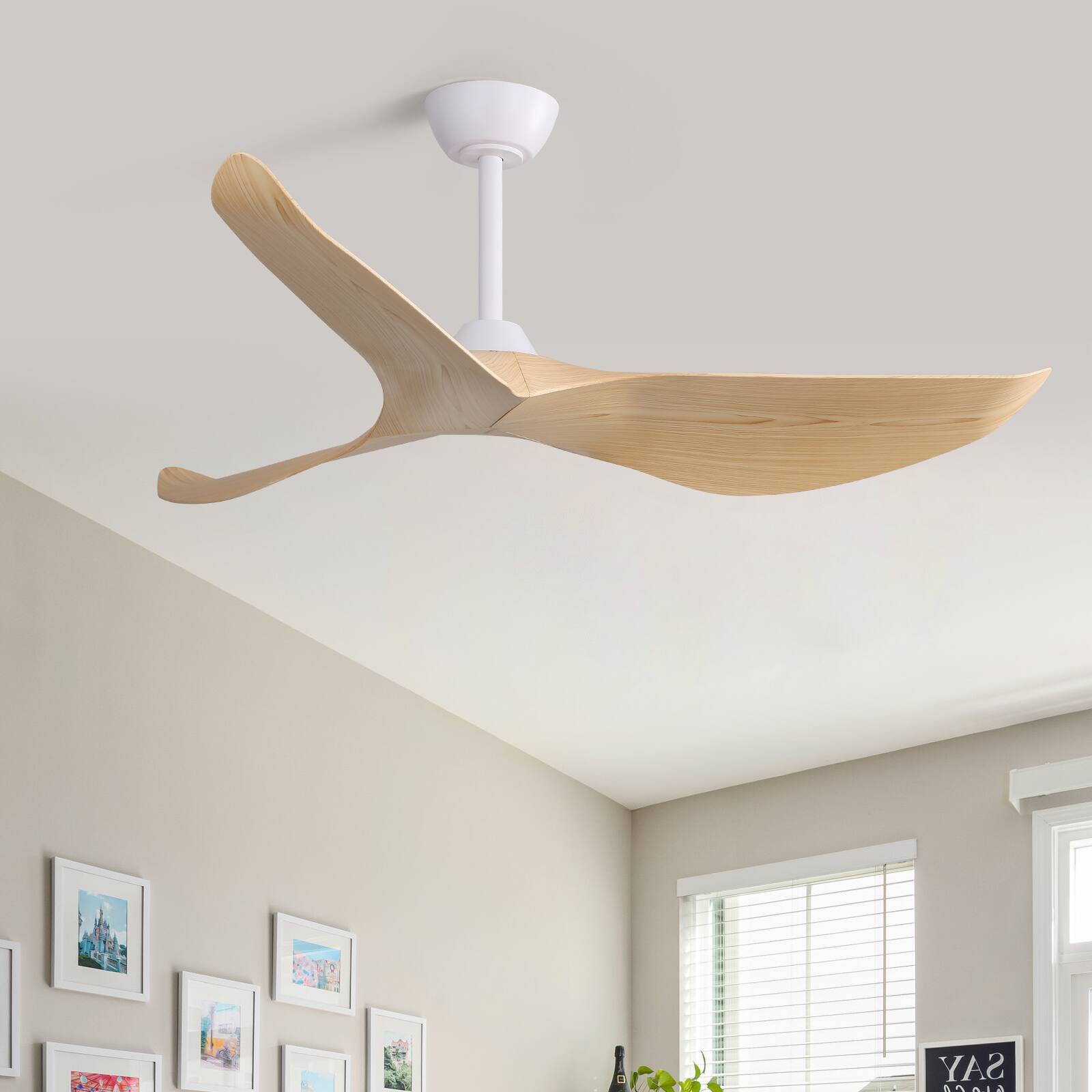 Back. Sofucor - 52 Inch Mordern Propeller Ceiling Fan No Light with Remote for Indoor Farmhouse Bedroom Living Room Outdoor Patio Porch - White-Light Brown.