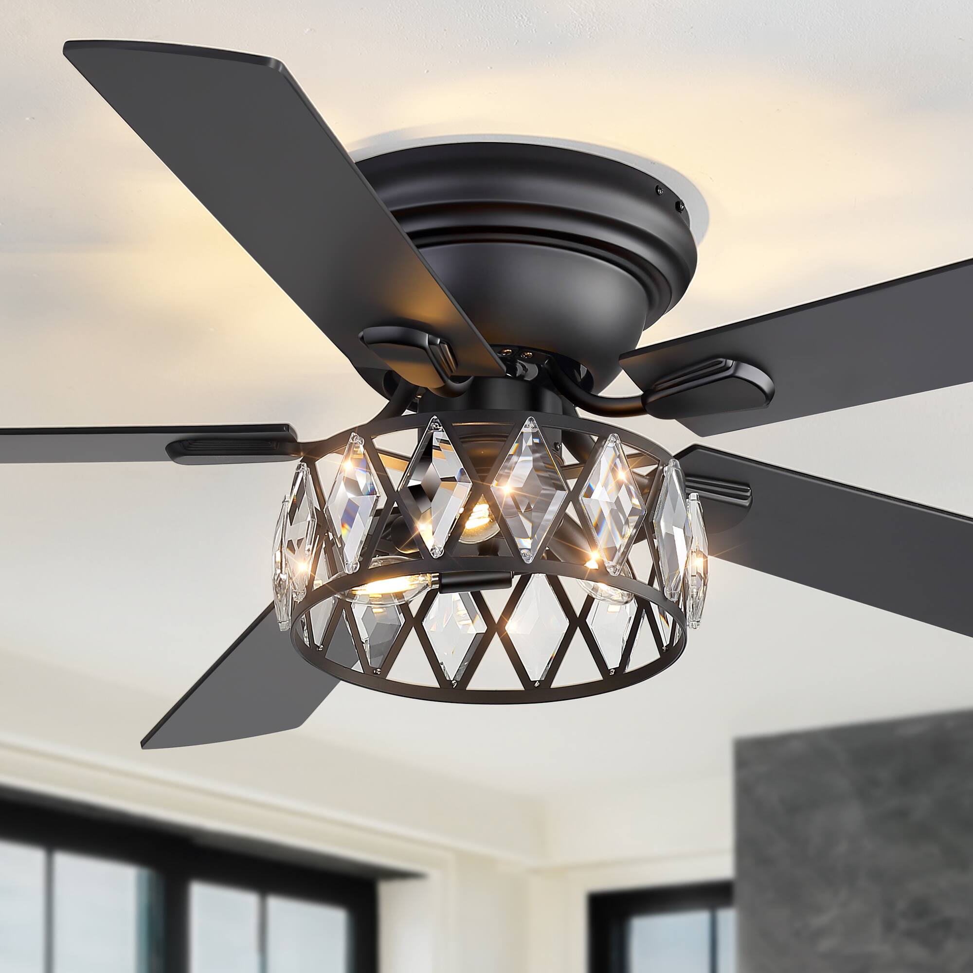 Left. Breezary - 52-Inch Stylish Surface Mounted Ceiling Fan with E12 Lighting DC Motor Remote Control Timer Function - 52-inch Black & Walnut.