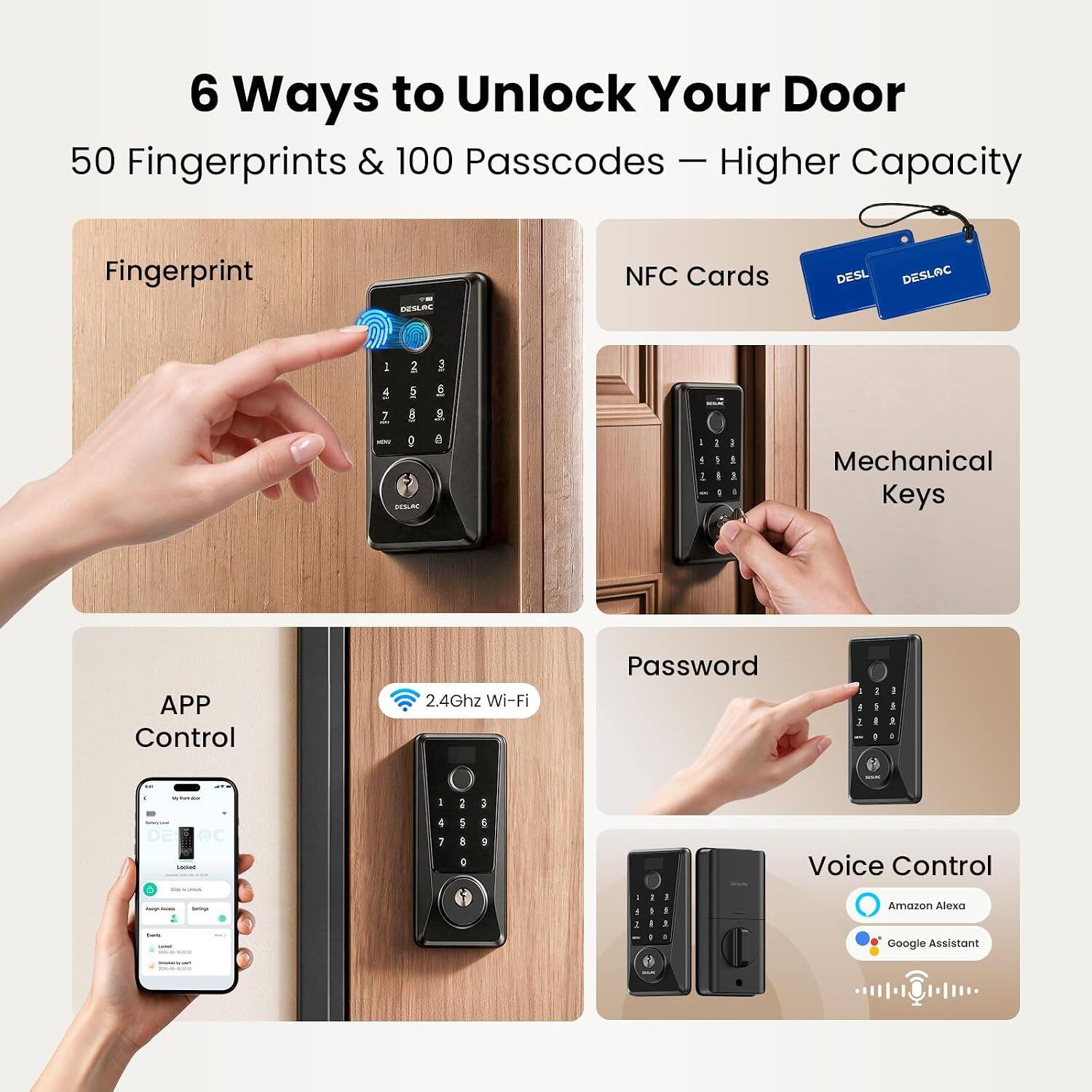 6 Ways to Unlock Your Door  
50 Fingerprints & 100 Passcodes – Higher Capacity

Fingerprint  
NFC Cards  
Mechanical Keys  
APP Control  
Password  
Voice Control

2.4Ghz Wi-Fi  
Amazon Alexa  
Google Assistant