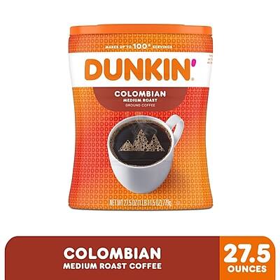 Dunkin' Colombian Medium Roast Ground Coffee  
Makes up to 100 servings  
Net Wt. 27.5 oz (1 lb 11.5 oz) 775g  

Colombian Medium Roast Coffee  
27.5 Ounces